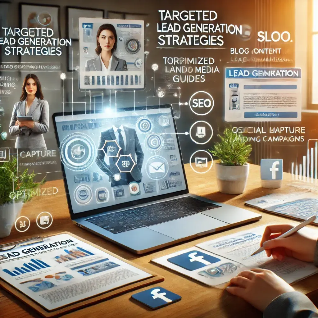 A modern business workspace featuring a laptop displaying personalized content like blog posts and downloadable guides, and a tablet showcasing targeted SEO, social media, and email marketing campaigns. Surrounding icons represent lead capture forms, optimized landing pages, and social media platforms like Facebook and LinkedIn, emphasizing the integration of lead generation strategies for business growth.