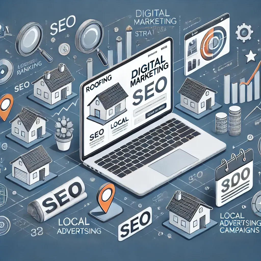 Illustration of roofing SEO strategies, featuring website audits, organic search optimization, and link building. Visuals include a website performance dashboard, backlink connections, and tools for enhancing local and technical SEO to drive visibility and leads.