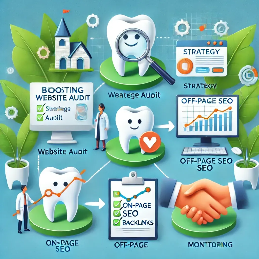 A flowchart-style illustration depicting the steps a dental SEO company takes to enhance online visibility for a dental practice. Icons include a magnifying glass for website audits, a strategy document for SEO planning, a webpage for on-page SEO, a handshake for off-page SEO, and a monitor with analytics graphs for continuous tracking. The design is clean and professional, emphasizing optimization and growth.