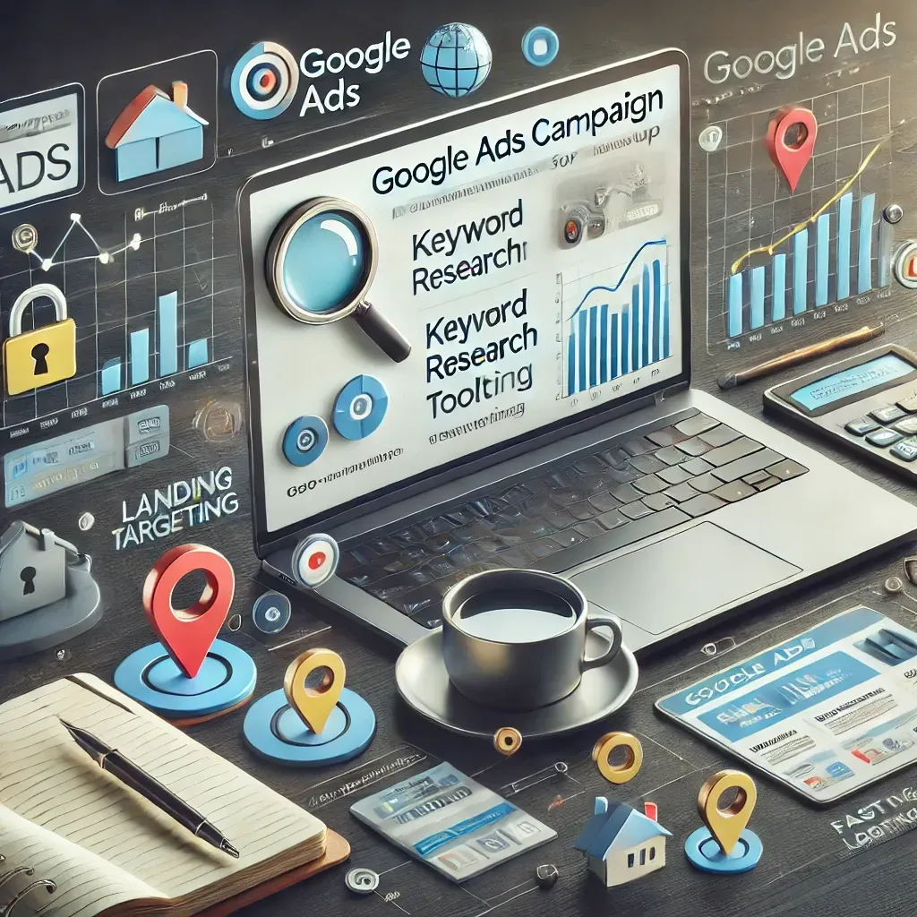 A laptop displaying a Google Ads dashboard with graphs, keyword research tools, and targeting settings, surrounded by icons like a magnifying glass, location pins, and a landing page preview. The workspace setup emphasizes campaign planning and optimization for real estate marketing.