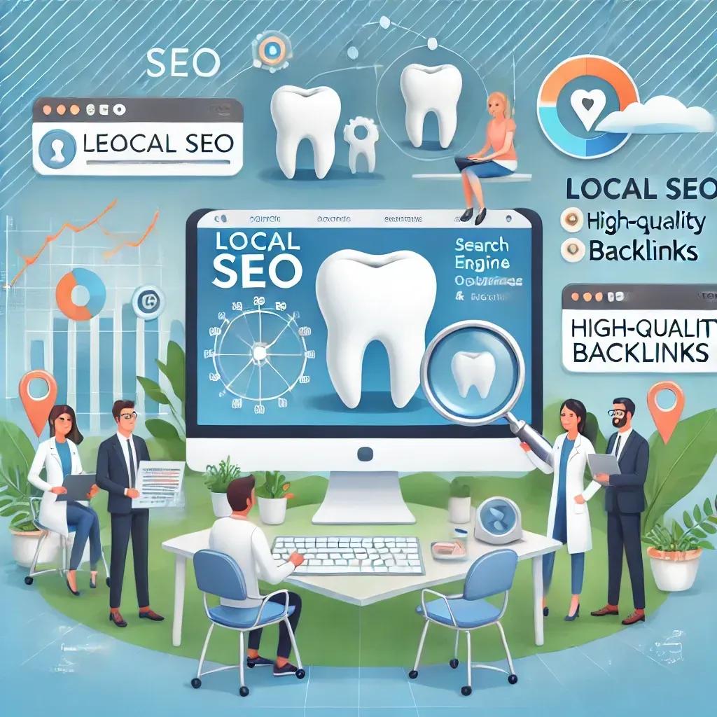 An illustration showcasing the impact of search engine optimization (SEO) for dental practices. It features a dental website displayed on a computer screen surrounded by icons for local SEO, keywords, high-quality backlinks, and content optimization. A chart highlights improved search rankings, and a magnifying glass symbolizes SEO. Additional elements include a team of SEO experts collaborating, a map with location pins for local strategies, and smiling patients, representing growth and success in the dental industry. The design is modern and professional.