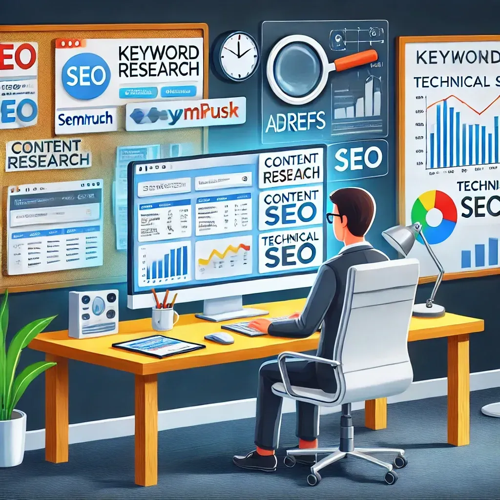 A small business owner is working on keyword research and SEO strategies in a modern office. A computer screen displays tools like SEMrush and Ahrefs with keyword charts and data, while a whiteboard nearby is filled with notes on