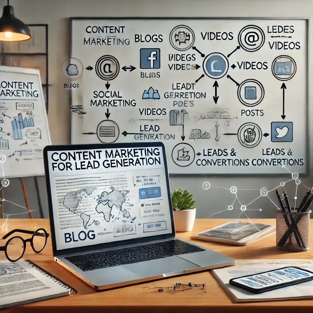 A professional digital workspace illustrating the concept of content marketing for lead generation. The desk features a laptop displaying a blog draft, a smartphone showing social media posts, and notes highlighting lead generation strategies. In the background, a whiteboard shows a flowchart linking content marketing elements like blogs, videos, and CTAs to leads and conversions. The setting emphasizes creativity, strategy, and the role of content in driving business success.