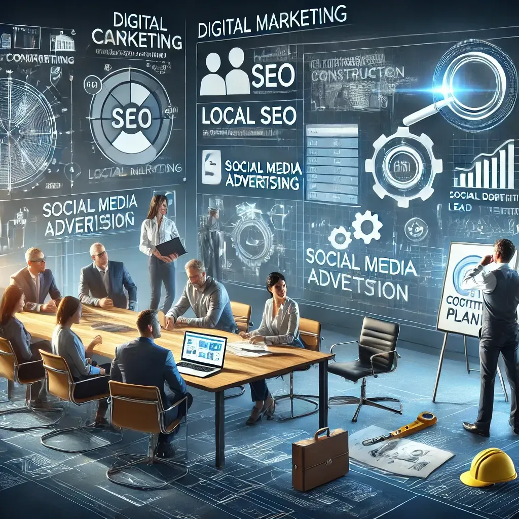 A modern office setting featuring a digital marketing expert collaborating with a construction company team. The team is gathered around a table with a laptop displaying analytics, and a whiteboard outlines a marketing plan with terms like