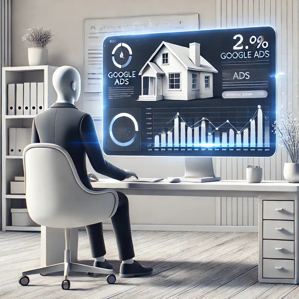 A modern illustration of a real estate agent working on a computer displaying a Google Ads dashboard. The background features real estate elements such as a house model, a 'For Sale' sign, and performance charts. The setting is a clean, professional office with a minimalistic design, using a blue, white, and grey color scheme.
