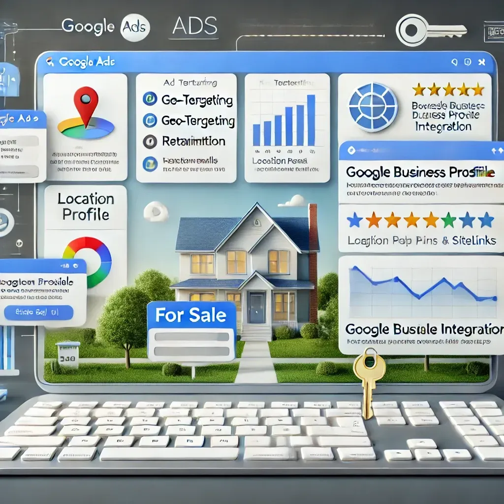 A professional illustration showcasing Google Ads features tailored for realtors. The image includes a clean dashboard with elements like geo-targeting maps, remarketing graphs, and Google Business Profile integration showing reviews and location details. Icons for ad extensions such as phone calls, location pins, and sitelinks are prominently displayed. The backdrop features real estate themes like houses, keys, and a 'For Sale' sign, with a color scheme of blue, green, and white, emphasizing technology and trust. The setting represents an efficient digital marketing workspace.