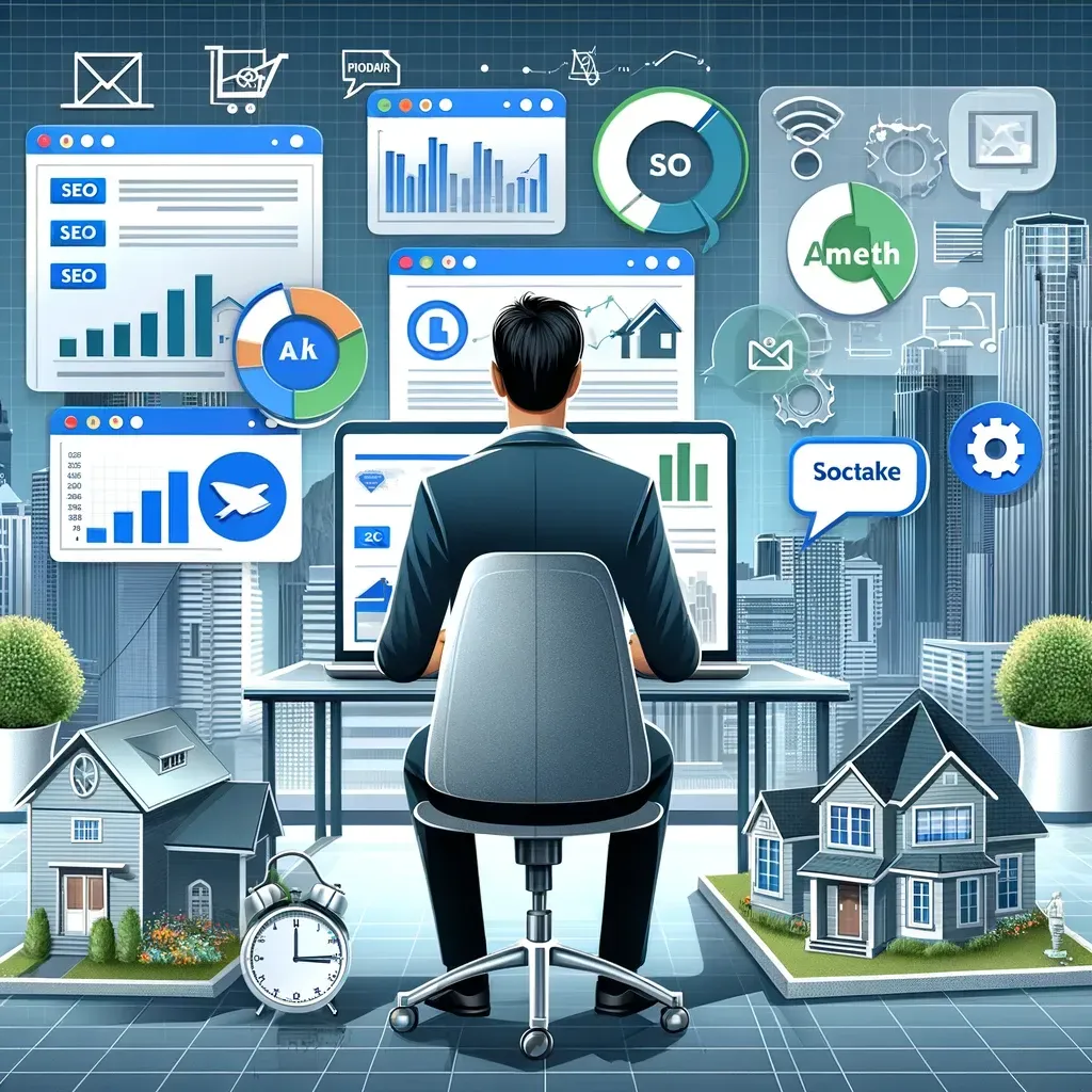 A modern illustration of a real estate agent using digital marketing tools in a professional office setting. The laptop screen shows Google Ads and charts with SEO performance metrics, while icons for social media, email marketing, and on-page optimization are prominently displayed. The office features real estate elements like a house model and 'For Sale' signs, with a cityscape backdrop symbolizing the target audience. The color scheme of blue, green, and white highlights trust, technology, and success.