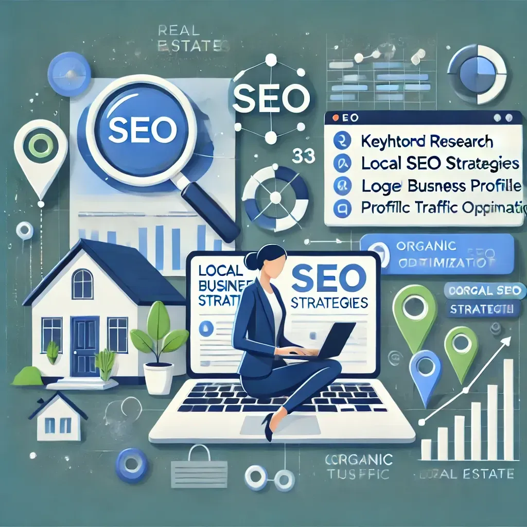 An illustration showcasing real estate marketing strategies, featuring a real estate agent working on a laptop displaying tools for keyword research, local SEO strategies, and Google Business Profile optimization. The backdrop includes a map with location pins to symbolize local SEO, along with charts depicting organic traffic growth. Real estate elements like a house model and property listings enhance the scene, while the color scheme of blue, green, and white emphasizes trust, technology, and success.