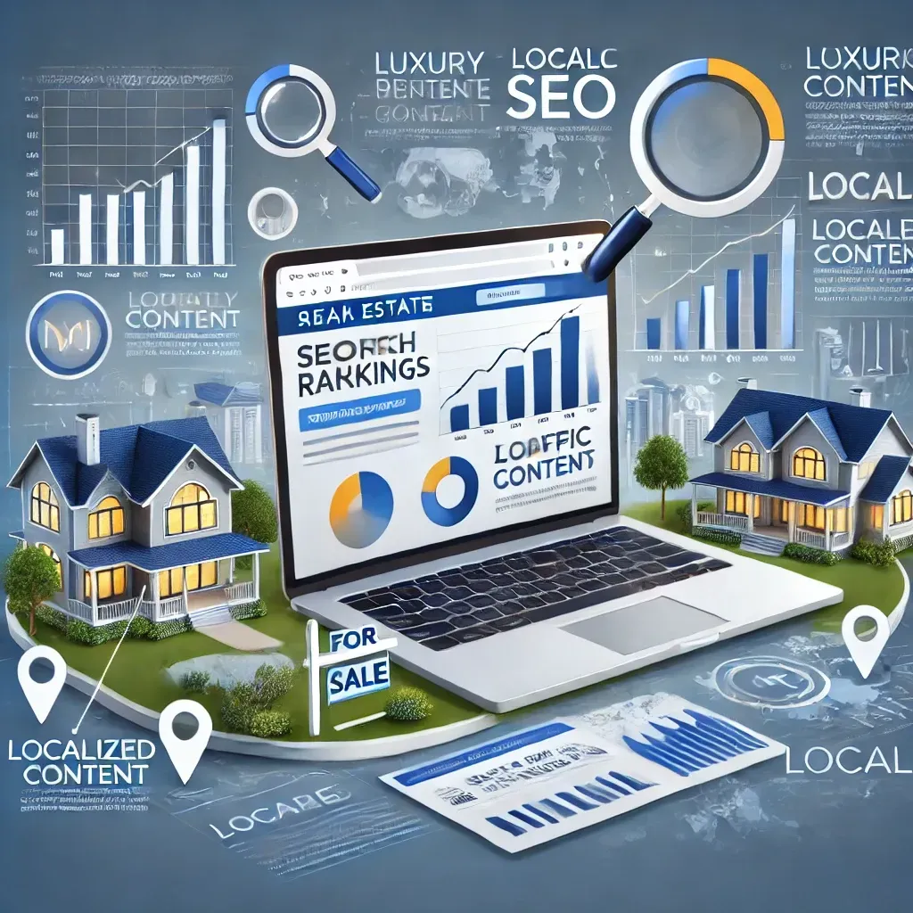 An illustration showcasing strategies to improve search engine rankings for a real estate business. The image features a laptop displaying a real estate website with graphs of traffic growth, keywords highlighted on a dashboard, and localized content. The backdrop includes luxury homes and a map with location pins, representing local SEO and a luxury presence. The color scheme of blue, white, and gold highlights trust, success, and upscale branding, while real estate elements such as a 'For Sale' sign and property listings add context.