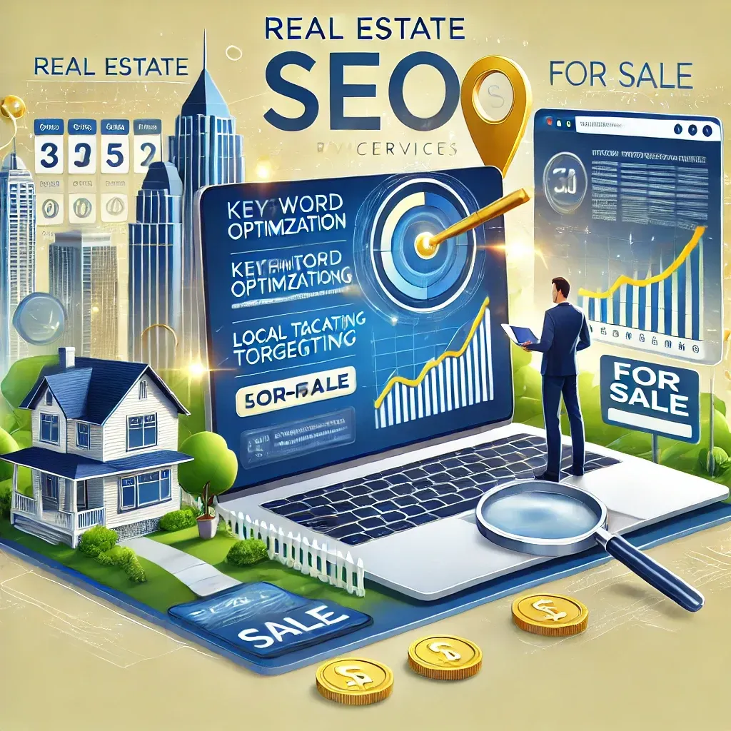 An illustration showcasing the transformative power of real estate SEO services. The image features a laptop displaying a real estate website with tools for keyword optimization, local targeting maps, and high-ranking search results. A real estate professional analyzes SEO performance charts, with property listings and a 'For Sale' sign in the background. The setting includes a cityscape and homes, symbolizing the target audience. The color scheme incorporates blue, green, and white for professionalism and trust, with gold accents representing success.