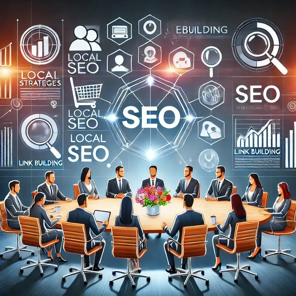 A vibrant illustration of a marketing team collaborating around a conference table, with digital screens displaying SEO strategies, keyword analytics, and campaign visuals. Floating icons for local SEO, link building, and targeted marketing emphasize the focus on brand growth and strategic planning.