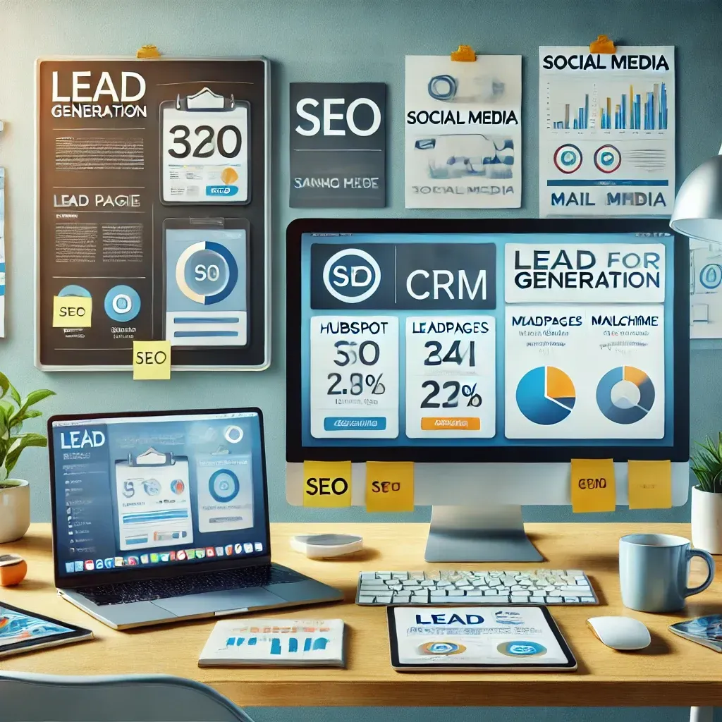 A modern and professional workspace showcasing tools and techniques for lead generation. The setup features a desktop computer displaying a HubSpot CRM dashboard, a laptop with a Leadpages landing page design, and a tablet showing a Mailchimp email campaign overview. The background includes sticky notes labeled
