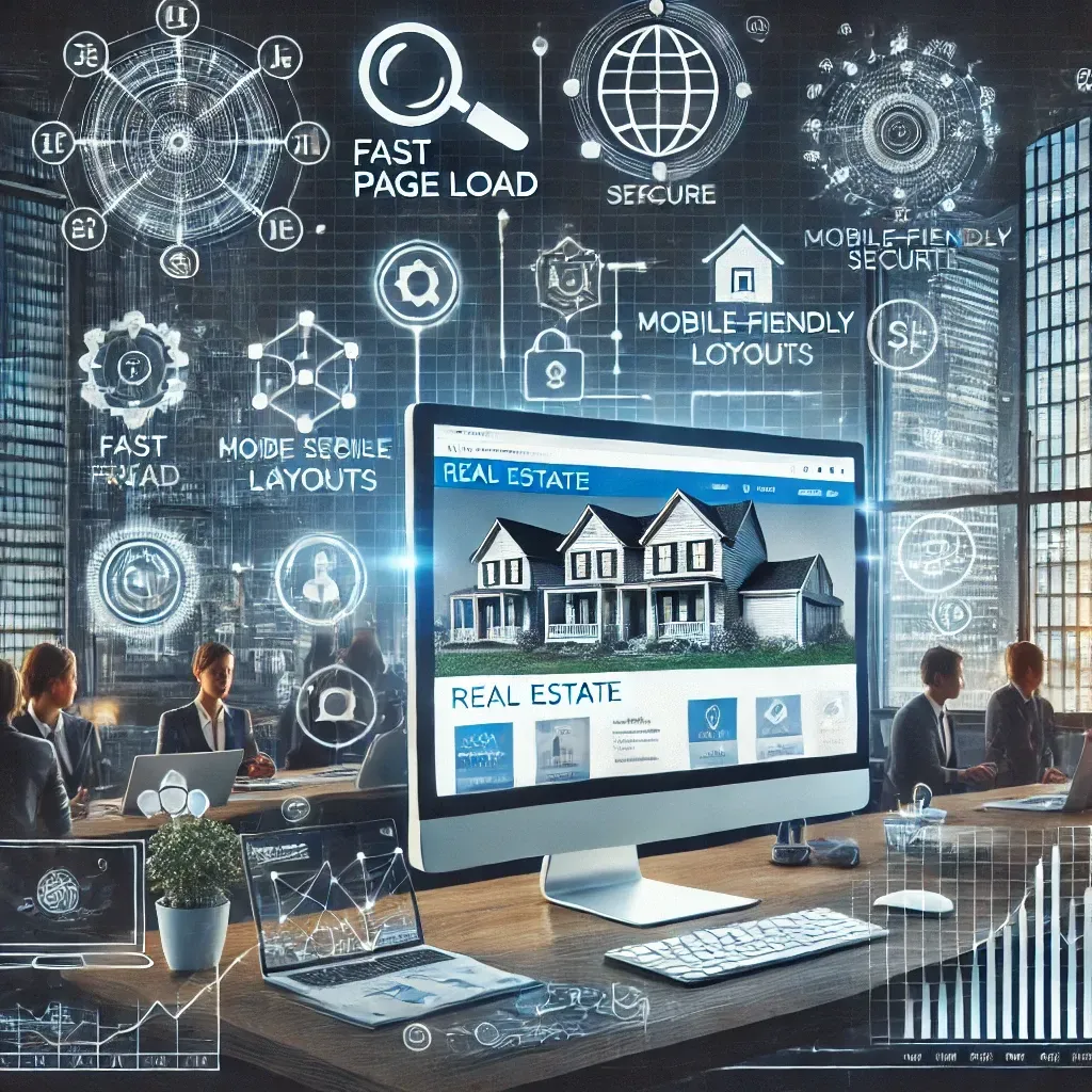 An illustration highlighting technical SEO for real estate websites. A computer screen displays a real estate website with icons for fast page load, mobile-friendly design, and HTTPS security. Surrounding the screen are symbols for site structure, search engine bots, and analytics charts. In the background, a real estate agent and SEO specialist collaborate in a modern office with a city skyline visible through large windows, emphasizing optimization and professionalism