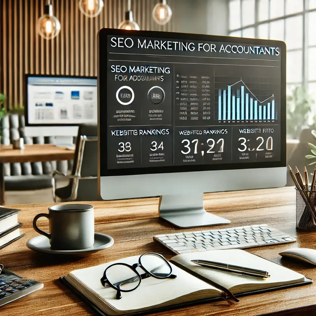 A professional workspace featuring a desktop computer displaying a website analytics dashboard with SEO marketing metrics for accountants, including keyword rankings and website traffic insights. The desk includes a notebook, pen, and coffee cup, symbolizing strategic planning and productivity. In the background, a second screen displays a polished accounting firm's website with clear service offerings and optimized content. Bright, modern lighting emphasizes the growth-oriented and professional atmosphere.