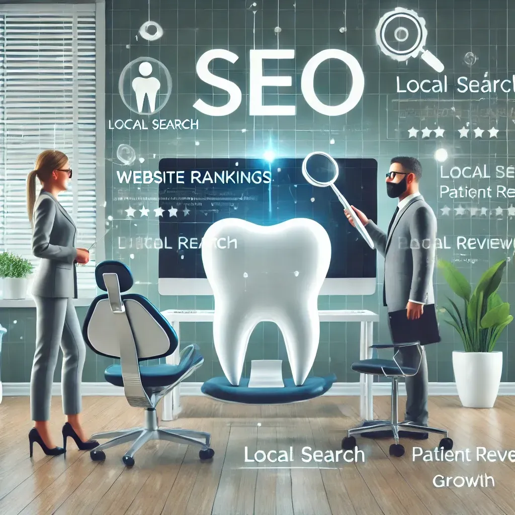 A modern digital illustration of a dental office where a dentist and a marketing expert are analyzing SEO data on a large screen. The screen displays website rankings, keyword analytics, and online search results. Floating icons around them represent SEO, local search, patient reviews, and web traffic growth. The setting conveys professionalism and digital expertise in dental marketing.