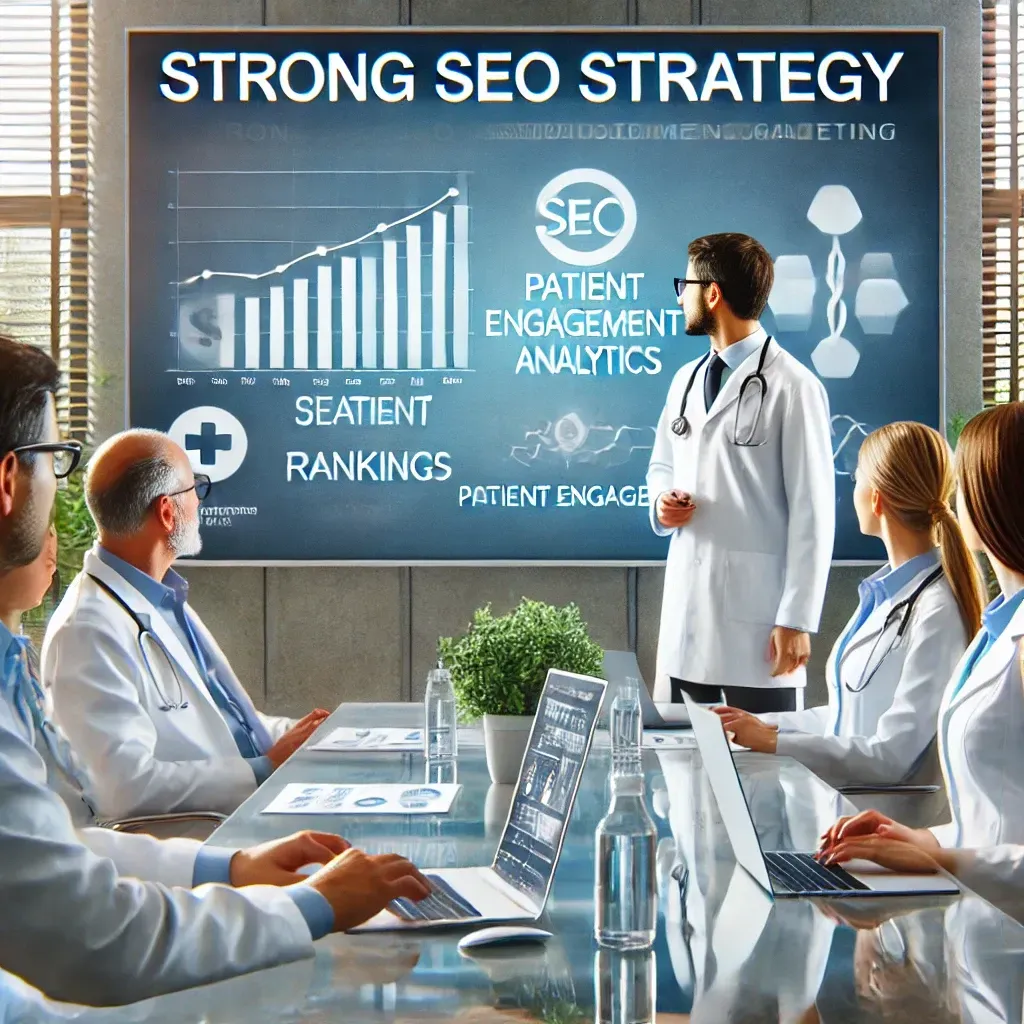 A healthcare marketing expert presents a strong SEO strategy to a team of medical professionals in a modern office. The presentation screen displays search rankings, patient engagement analytics, and content marketing strategies. The setting is professional and collaborative, emphasizing how SEO and digital marketing help doctors attract more patients.