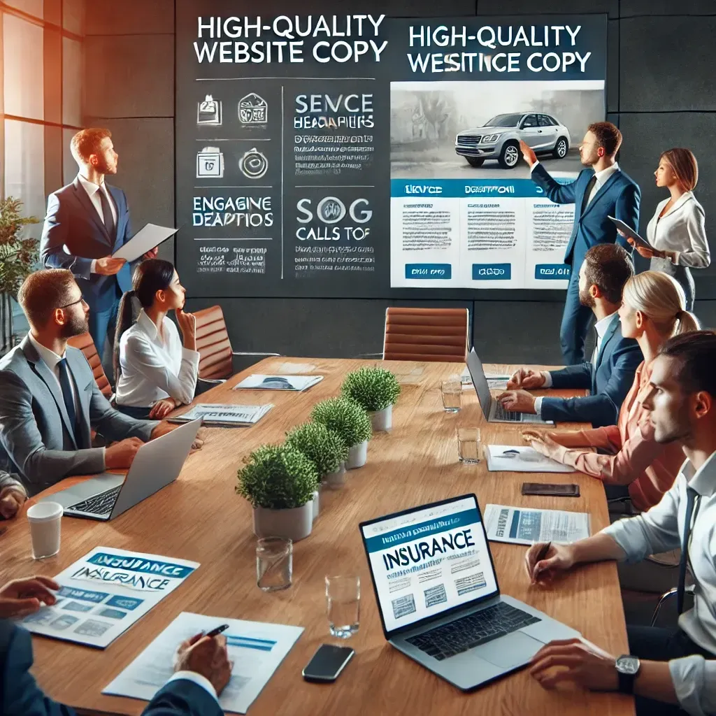 A professional business setting where a marketing team is strategizing high-quality website copy for an insurance company. A diverse group of professionals, including content writers and SEO experts, are gathered around a conference table, reviewing a large screen displaying an insurance website layout with engaging headlines, service descriptions, and strong calls to action. The setting is modern, with laptops, notepads, and analytical charts, conveying collaboration and expertise in digital marketing for the insurance industry.