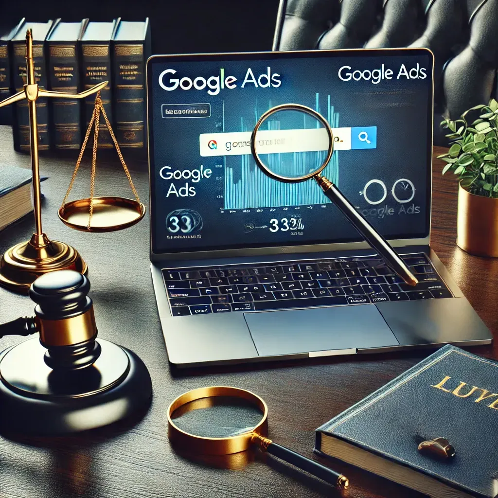 A lawyer’s office desk featuring a laptop displaying a Google Ads dashboard, a legal document, and a gavel. A magnifying glass hovers over a search bar, emphasizing keyword research. The professional color scheme of navy blue and gold conveys authority, success, and expertise in legal marketing.