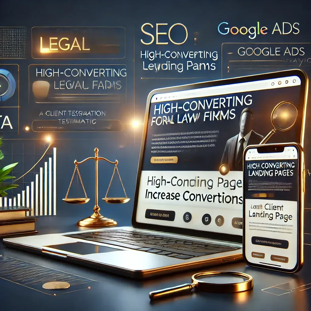 A sleek laptop displaying a high-converting legal landing page with a clear call-to-action (CTA) button, a client testimonial section, and a mobile-friendly design preview. In the background, subtle SEO and Google Ads analytics charts symbolize data-driven optimization. The professional color scheme of navy blue, white, and gold conveys trust, success, and credibility.