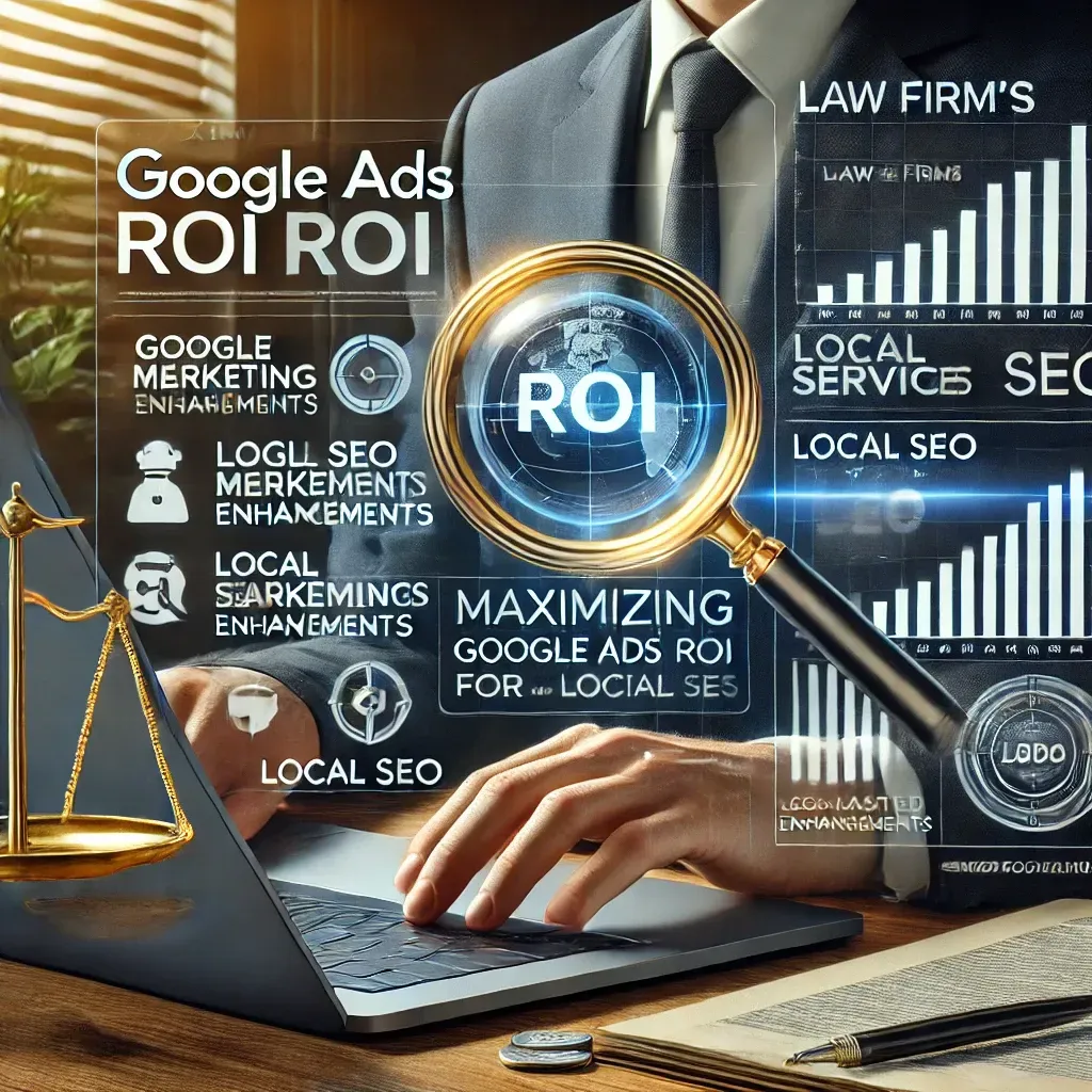 A law firm's digital marketing dashboard displayed on a laptop, showcasing Google Ads performance metrics, local SEO enhancements, and keyword tracking analytics. A magnifying glass highlights location-based search results, emphasizing geo-targeted ad campaigns. The background features a subtle law office setting, visually linking legal expertise with digital marketing success. The professional color scheme of navy blue, white, and gold conveys credibility and authority.