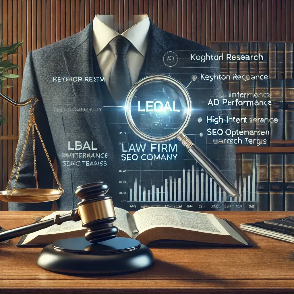 A digital marketing dashboard on a lawyer’s office desk displaying keyword research, ad performance analytics, and SEO optimization charts. A magnifying glass highlights high-intent legal search terms, emphasizing precise targeting. The background subtly integrates a legal setting, visually linking law and digital marketing strategies. The professional color scheme of navy blue, white, and gold conveys credibility, expertise, and success.