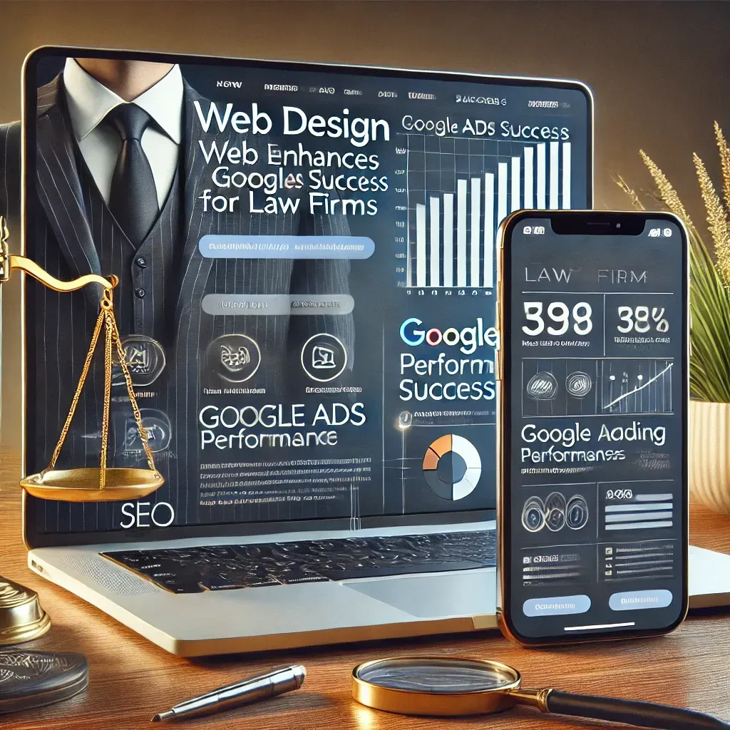 A modern, responsive law firm website displayed on a laptop and a smartphone, emphasizing mobile-friendliness. The screen highlights clear call-to-action buttons, intuitive navigation, and fast-loading design elements. In the background, subtle Google Ads performance metrics and SEO analytics charts reinforce the connection between web design and digital marketing success. The professional color scheme of navy blue, white, and gold symbolizes trust, credibility, and expertise.