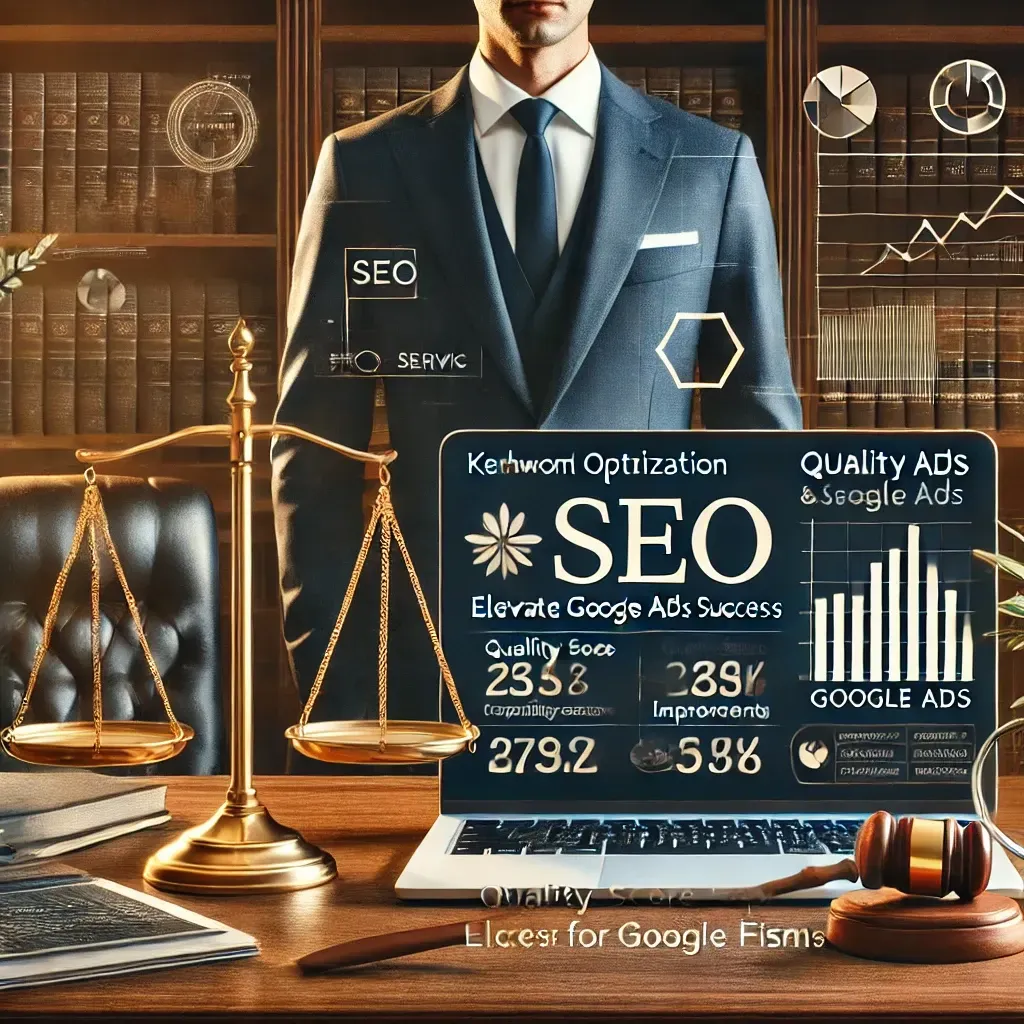 A lawyer's office desk featuring a laptop displaying a law firm website optimized for SEO and Google Ads. The screen highlights keyword optimization, Quality Score improvements, and conversion tracking metrics. In the background, search engine rankings and analytics charts emphasize the synergy between paid ads and organic search strategies. The professional color scheme of navy blue, white, and gold symbolizes trust, credibility, and digital success.