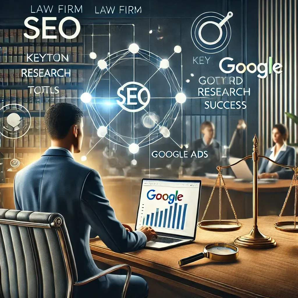 A digital marketing strategist working at a desk with a laptop displaying SEO analytics, keyword research tools, and Google Ads performance metrics. In the background, a law firm setting subtly integrates elements of legal expertise and digital marketing strategy. The professional color scheme of navy blue, white, and gold symbolizes trust, expertise, and success.