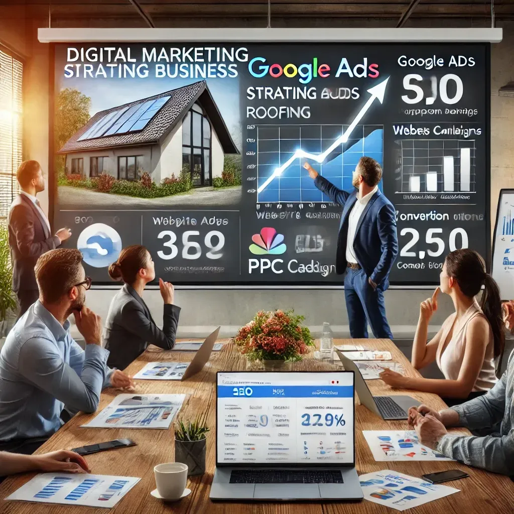 A digital marketing strategy meeting focused on a roofing business. A team of marketers is analyzing a large screen displaying Google Ads performance, website analytics, and conversion rates. A consultant points to a graph showing an upward trend in conversions, emphasizing successful marketing strategies. The modern office setting features brainstorming notes on a whiteboard highlighting SEO, PPC campaigns, and lead generation, creating a tech-driven and professional atmosphere.