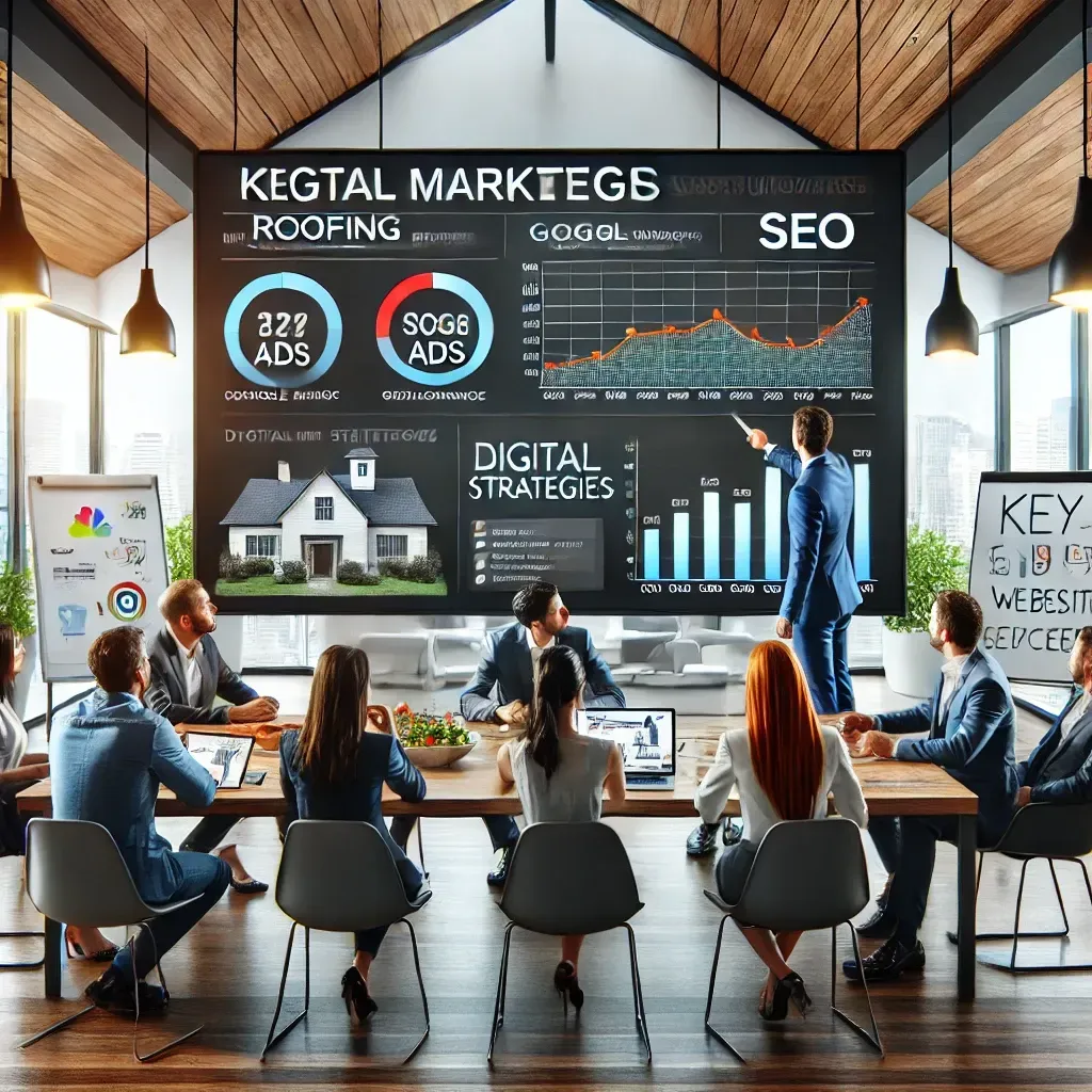 A modern roofing company office where a digital marketing team is strategizing. A large screen displays analytics, Google Ads performance, and SEO rankings. A marketing expert presents key digital strategies for roofing website success while team members discuss ad campaigns, social media strategies, and website design improvements. The professional and tech-savvy atmosphere includes whiteboards covered in marketing notes and conversion optimization ideas.