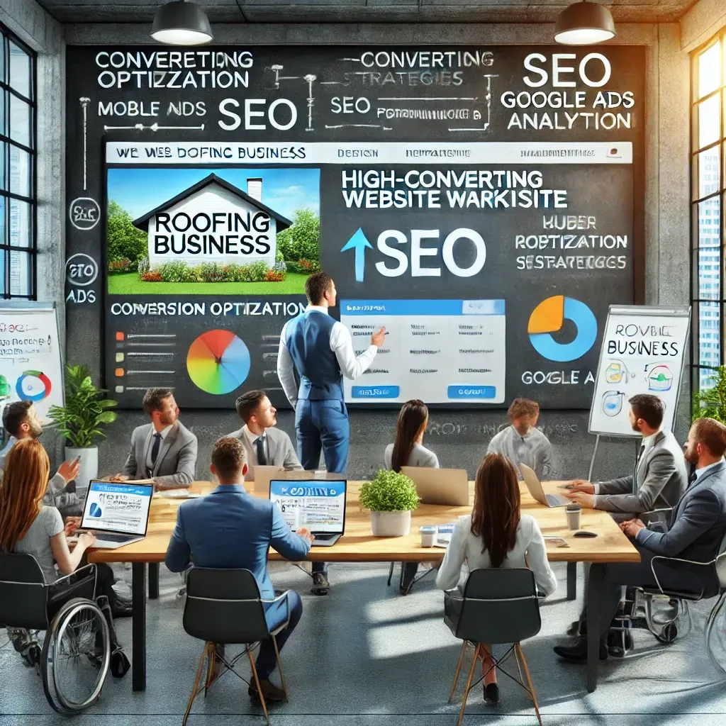 A modern roofing business office where a web design and digital marketing team is working on a high-converting website. A large screen displays a website layout, SEO performance, and Google Ads analytics. A marketing expert presents conversion optimization strategies while team members discuss user experience, mobile responsiveness, and lead generation. The setting is professional and high-tech, with whiteboards filled with notes on website structure, call-to-action placement, and roofing business branding.