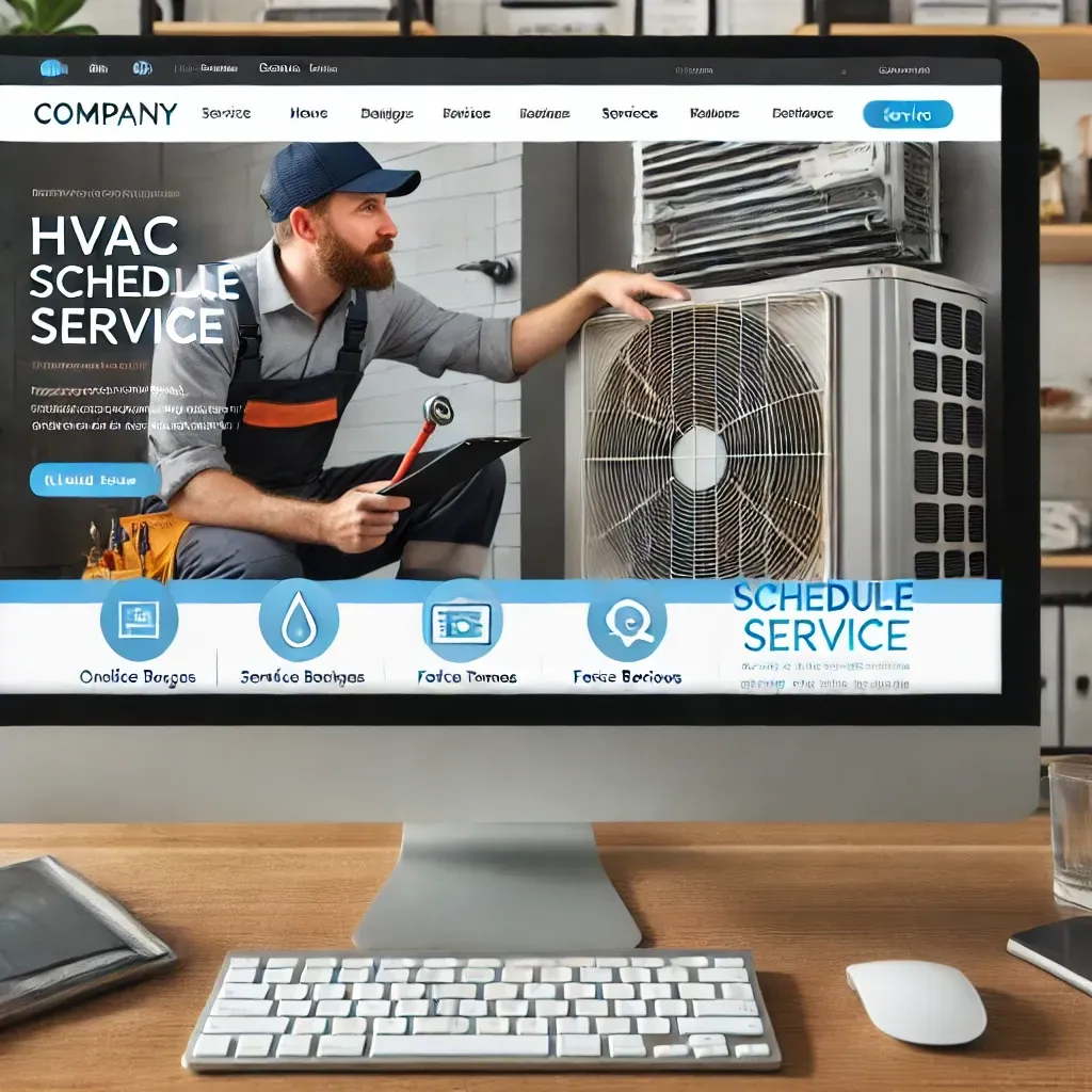 A professional-looking HVAC company website displayed on a computer screen, featuring an intuitive user interface with an online booking form, a 'Schedule Service' button, and customer reviews. The background includes an HVAC technician working on an air conditioning unit. The website design highlights SEO-friendly elements such as service pages, fast load times, and mobile-friendly navigation.