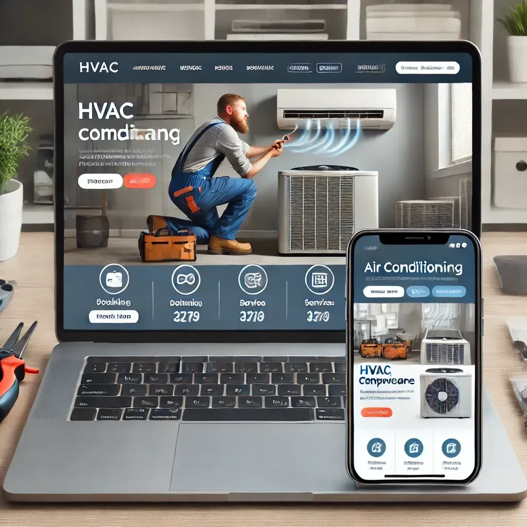 A modern HVAC company website displayed on a laptop and smartphone, featuring an easy-to-use booking system, clear call-to-action buttons, and well-organized service pages. The design is visually appealing with a clean layout, mobile-friendly interface, and fast load times. In the background, an HVAC contractor is servicing an air conditioning unit, highlighting the company's expertise.