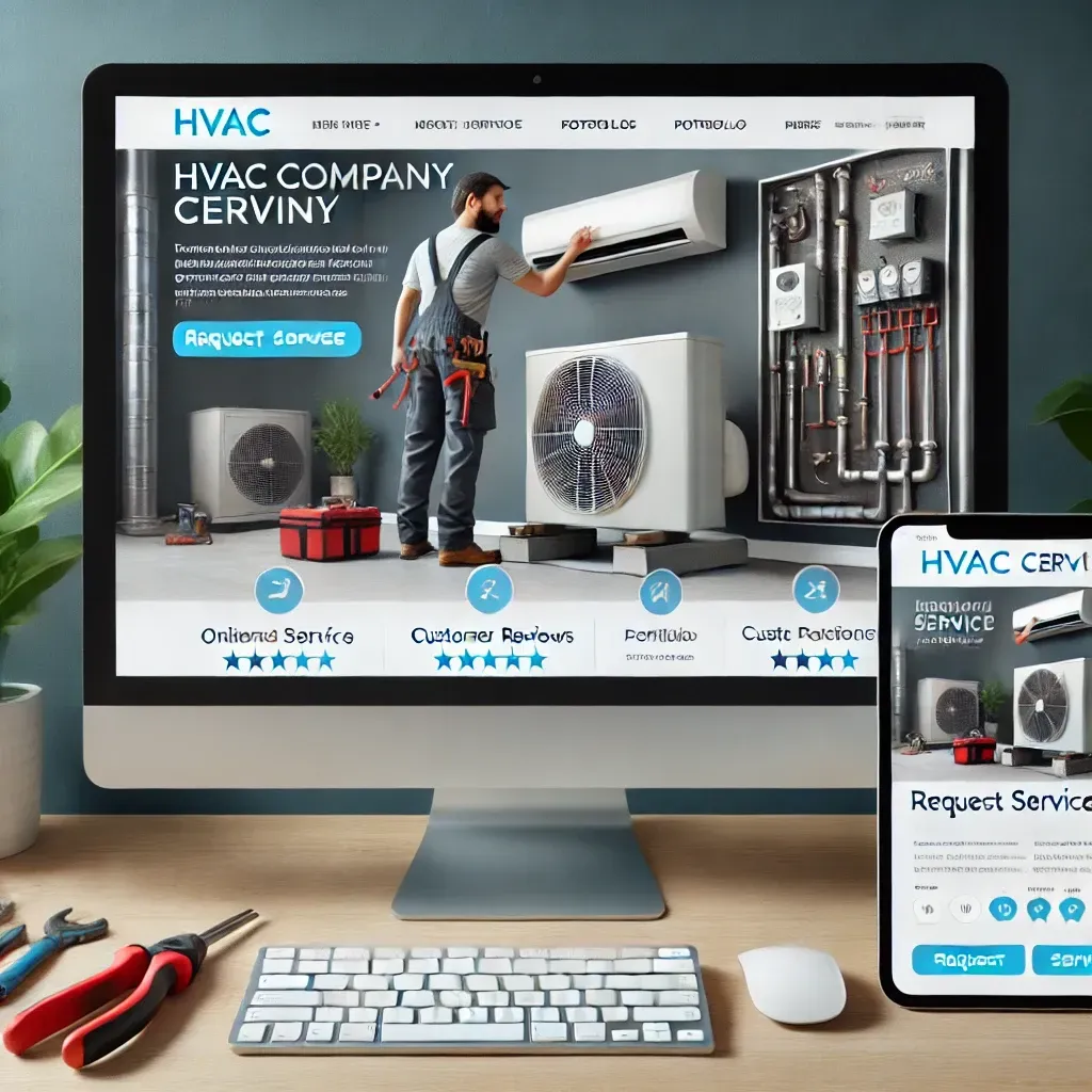 A professional HVAC company website displayed on a desktop and tablet, featuring a clean and user-friendly design with an online booking system, customer reviews, and a portfolio section showcasing past projects. The website includes clear call-to-action buttons like 'Request Service' and is optimized for mobile use. In the background, an HVAC technician is working on an air conditioning unit, reinforcing industry expertise.