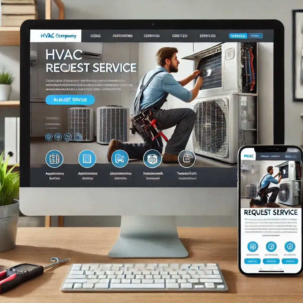 A professional HVAC company website displayed on a desktop and mobile device, featuring a sleek and user-friendly design optimized for online bookings. The website includes an easy-to-use appointment scheduling system, clear call-to-action buttons like 'Request Service,' customer testimonials, and service pages optimized for HVAC SEO. The background shows an HVAC technician working on an air conditioning unit, reinforcing industry expertise.