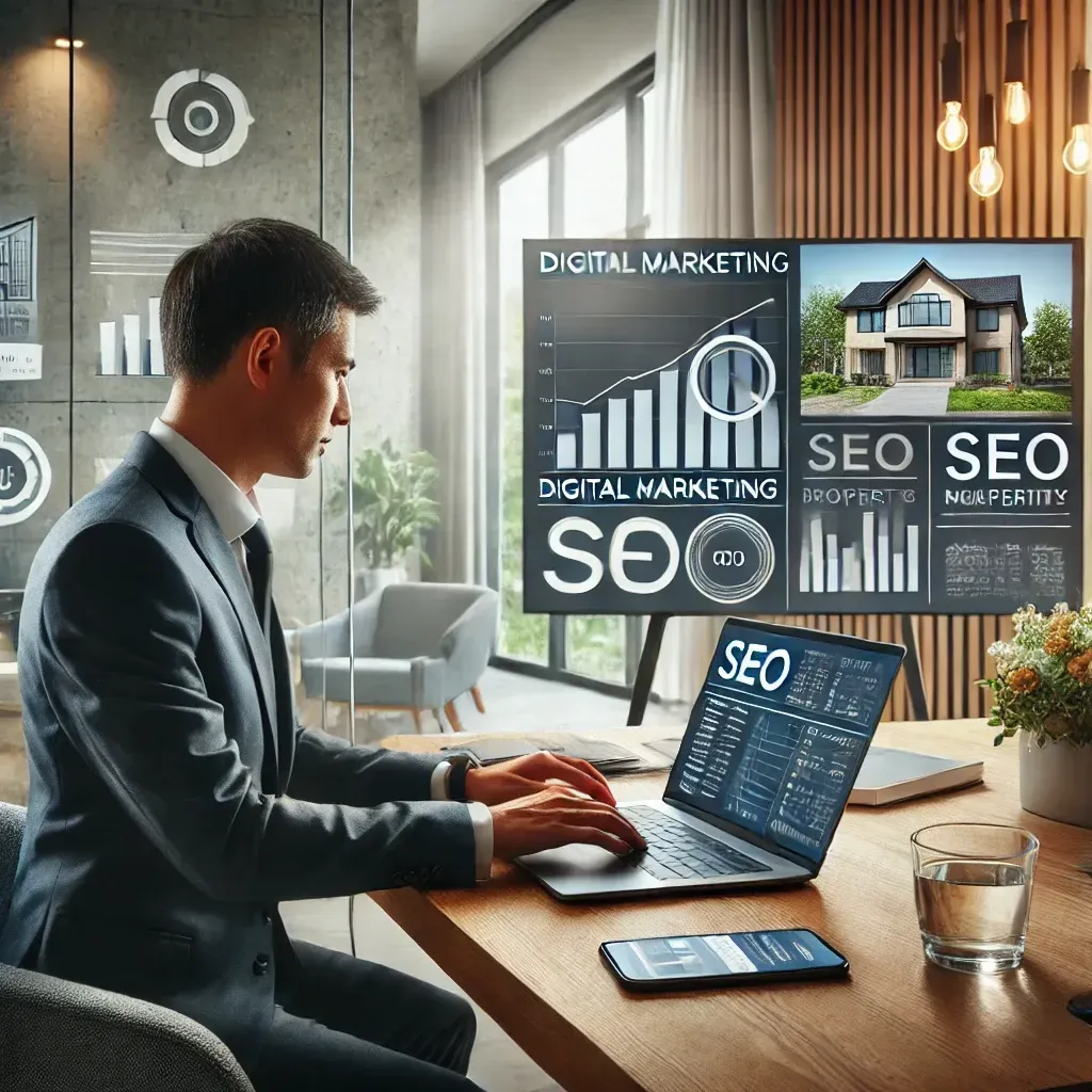 A modern real estate agent working on a laptop in a stylish office, analyzing digital marketing strategies on a screen displaying SEO graphs and analytics. The background features a bright, professional setting with property listings on a whiteboard and a smartphone with social media notifications, conveying success and strategic planning.