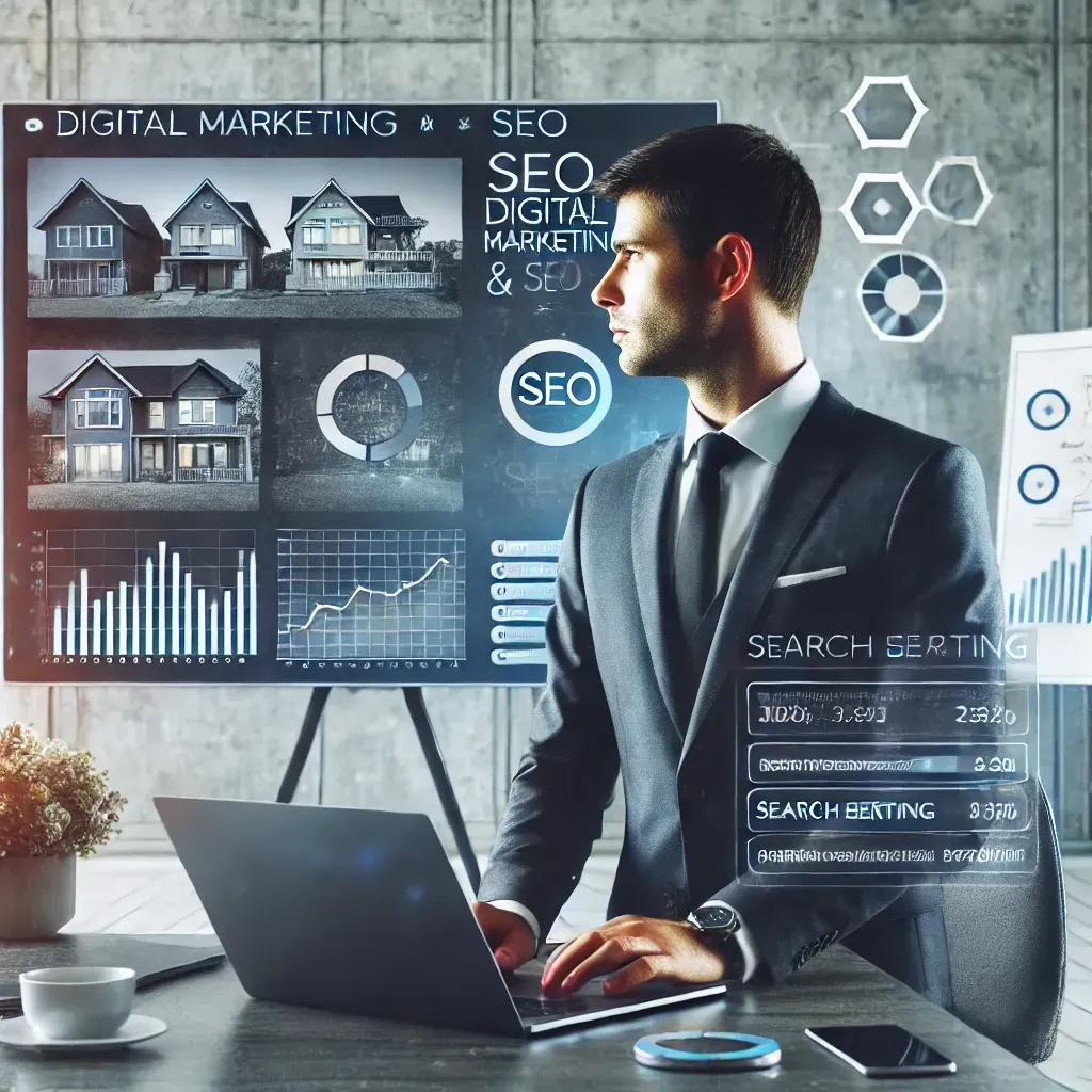 A real estate agent in a modern office, analyzing digital marketing and SEO data on a large screen. The background features property listings, a whiteboard with marketing strategies, and a laptop displaying search engine analytics. The setting conveys professionalism, strategy, and success in the real estate market.
