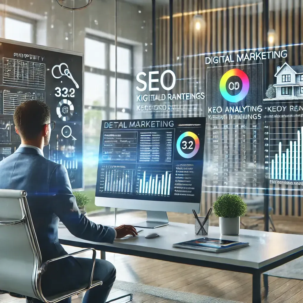 A real estate agent in a sleek, modern office, analyzing digital marketing data on a large computer screen displaying SEO analytics, keyword rankings, and search engine results. The background features property listings, a whiteboard with digital strategy notes, and a well-lit professional workspace, conveying success, strategy, and expertise in real estate marketing.