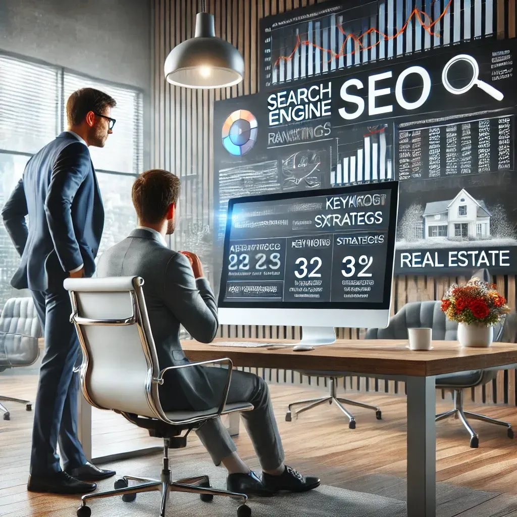 A real estate agent collaborating with an SEO expert in a modern office. The large computer screen displays search engine rankings, keyword analytics, and real estate listings. The background features a professional workspace with a whiteboard showcasing SEO strategies, conveying expertise, strategy, and digital marketing success in real estate.