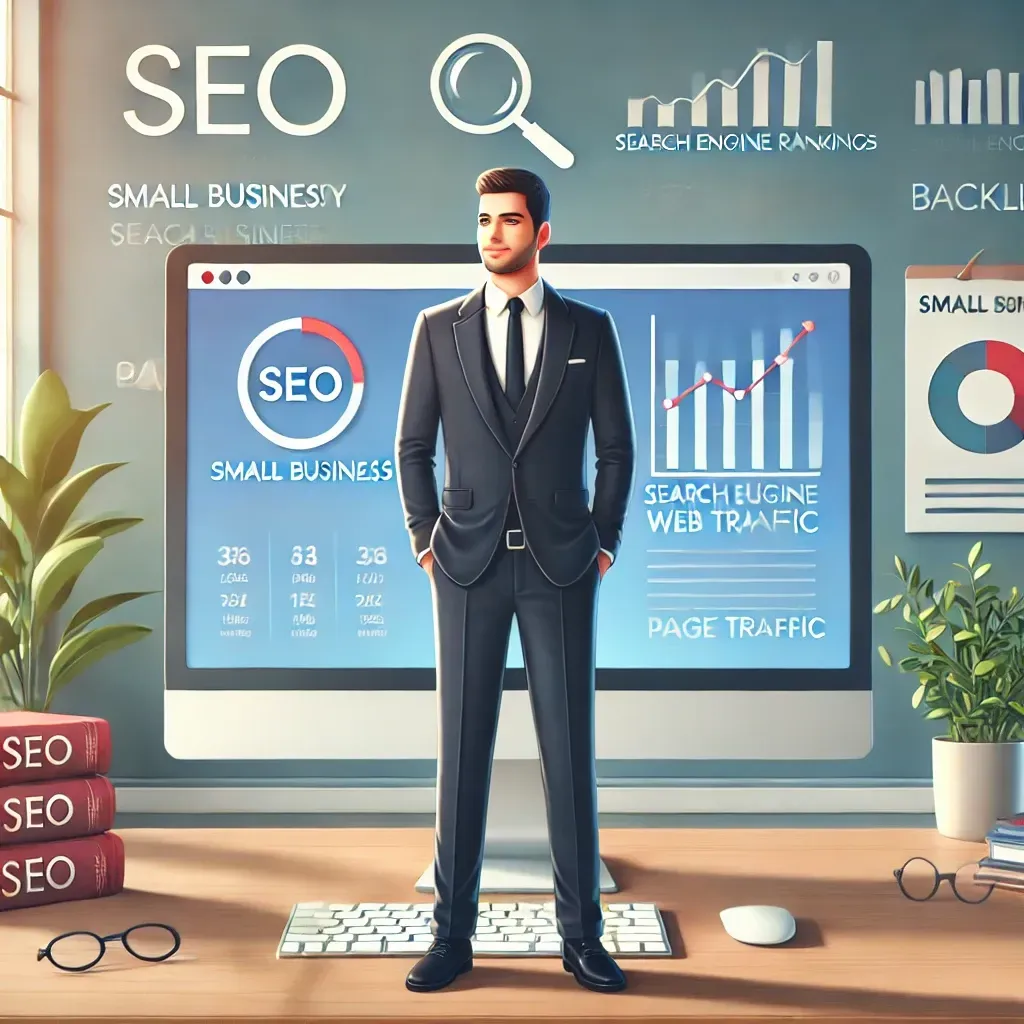 Small business owner viewing SEO analytics on a computer, representing growth and online visibility through professional SEO services.