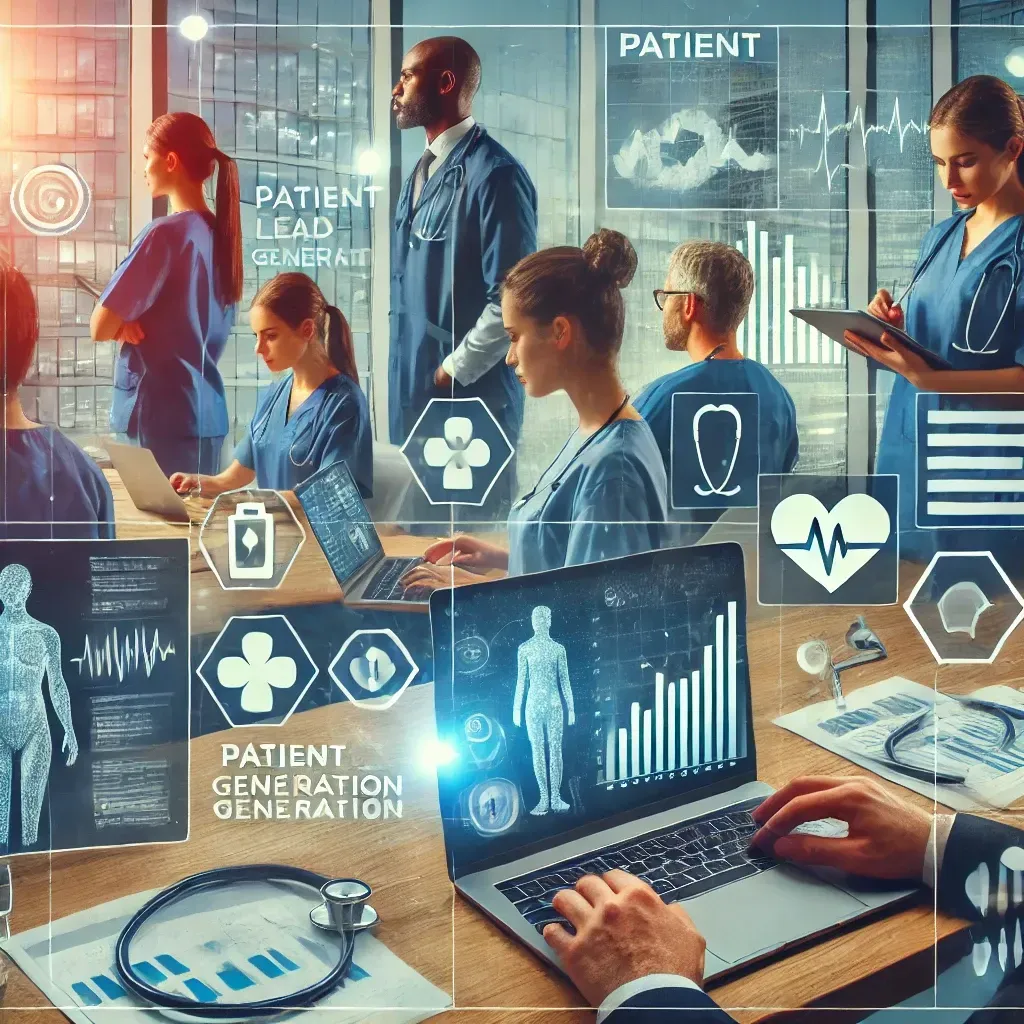 A digital illustration of a professional healthcare marketing team reviewing lead generation data on laptops and charts in a modern office, with medical icons and a stethoscope in the background.