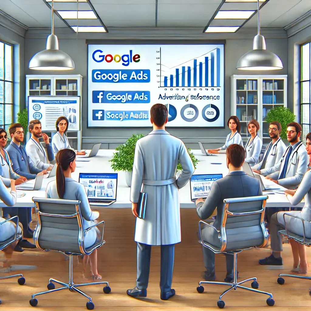 A digital illustration of a healthcare marketing expert presenting Google Ads and social media analytics to a team of doctors and clinic staff in a modern medical office setting. Charts, screens, and laptops show patient-centric data and advertising metrics.