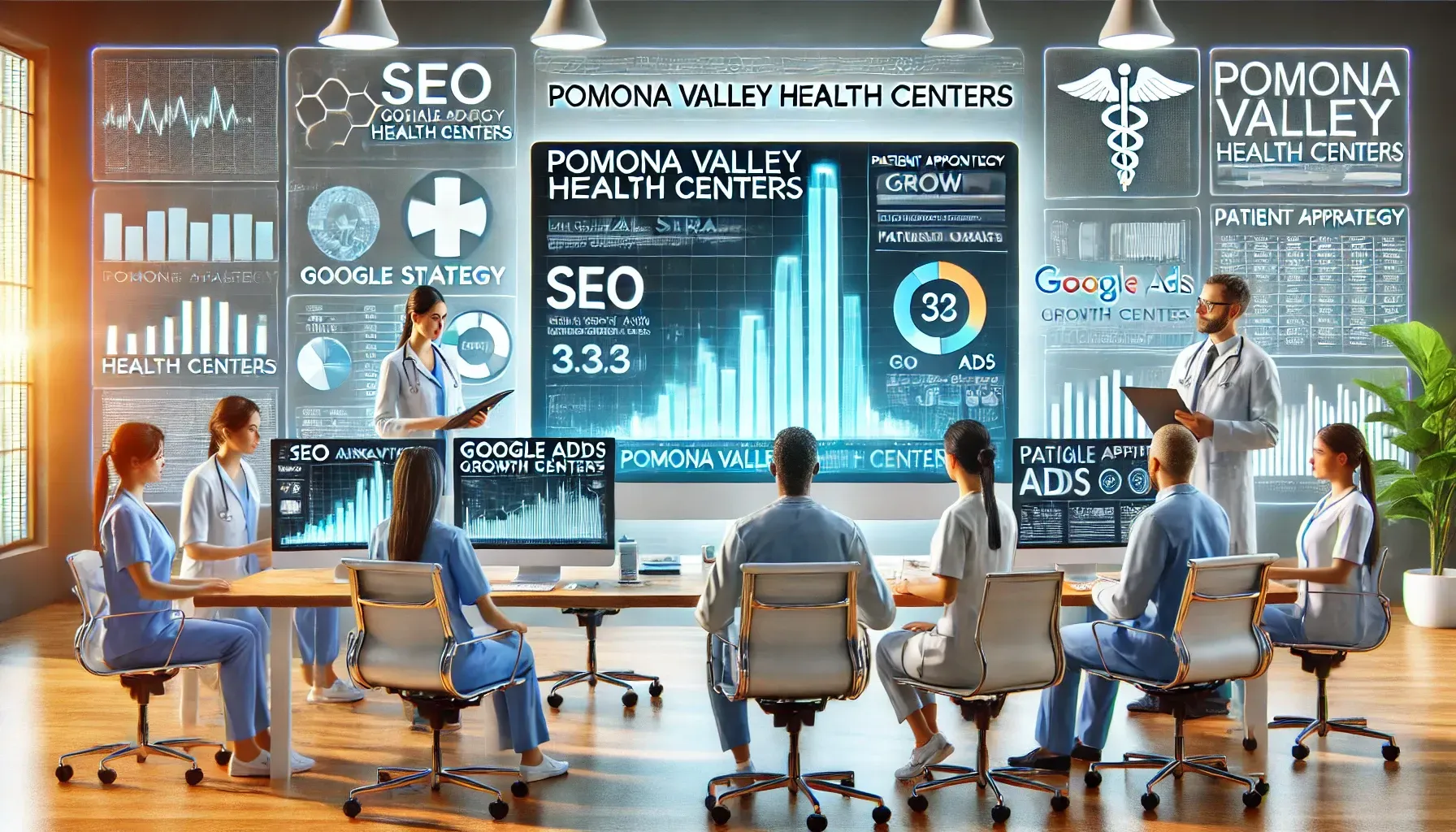 A digital illustration of a healthcare marketing team analyzing SEO and patient growth data for Pomona Valley Health Centers, with screens displaying Google Ads, analytics dashboards, and medical branding in a modern, data-driven workspace.