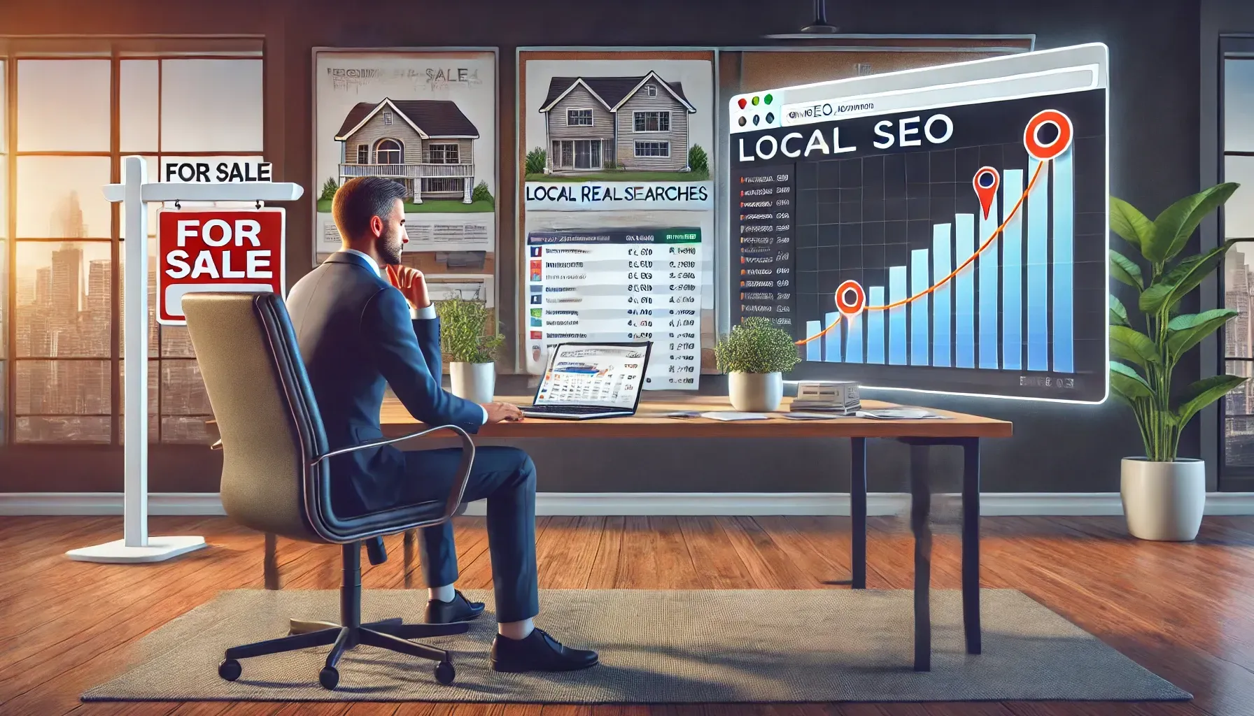 A real estate agent works at a desk with a laptop showing their website ranked #1 in local search results. Next to the agent, a chart displays steady SEO growth, while another shows declining paid ad performance. The office includes a city map with pins, property brochures, and a small 'For Sale' sign, illustrating the long-term value of local SEO for real estate professionals.