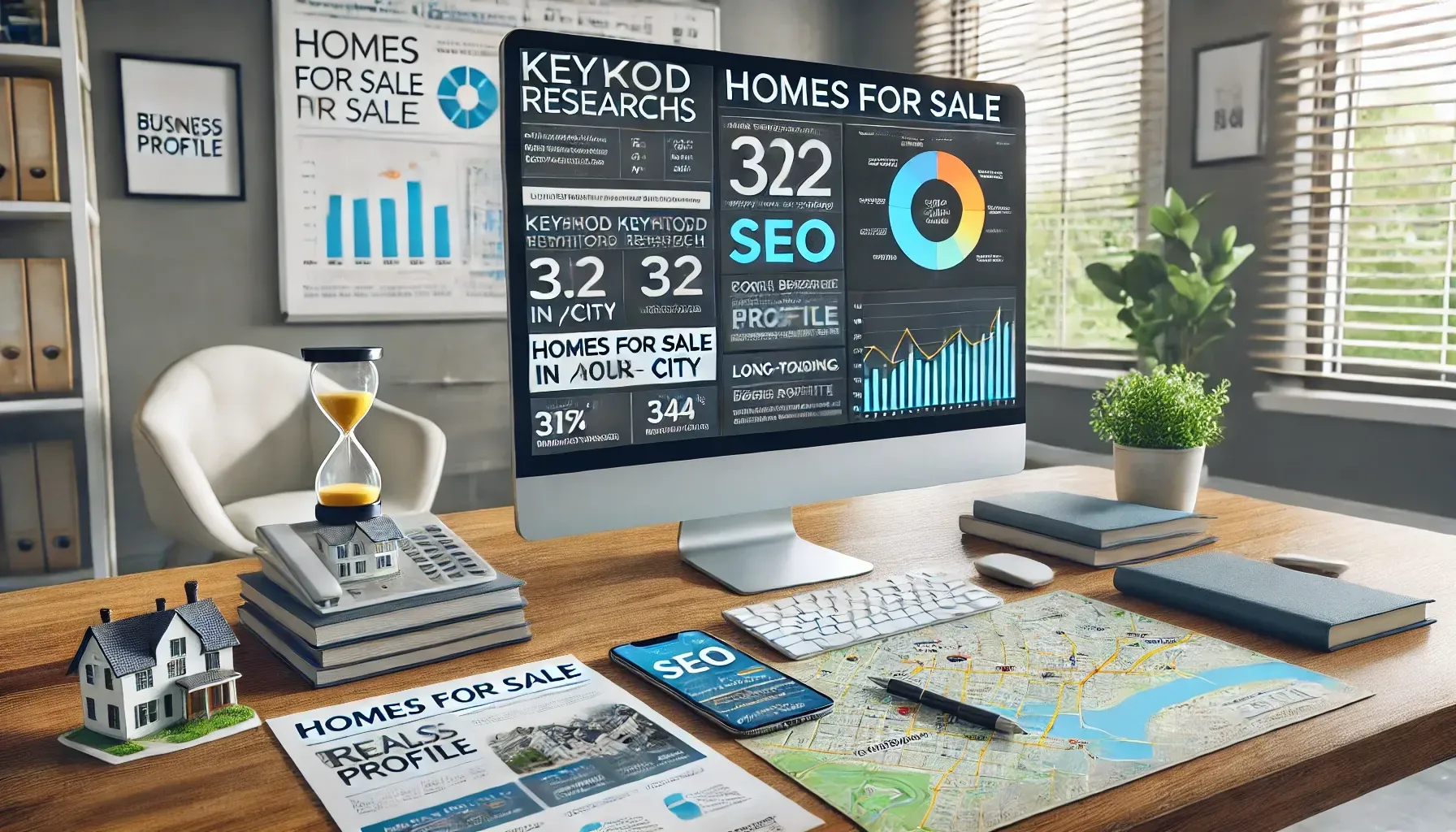 A modern real estate agent's office workspace showing a computer screen with SEO tools, keyword analytics, and a Google Business Profile. Notes with phrases like “homes for sale in [city]” and graphs of SEO growth are visible. A smartphone displays a fast-loading real estate website, while brochures and a neighborhood map reinforce the focus on local SEO strategies for long-term lead generation.
Let me know if you’d like another variation or a resized version for web banners or social media!
