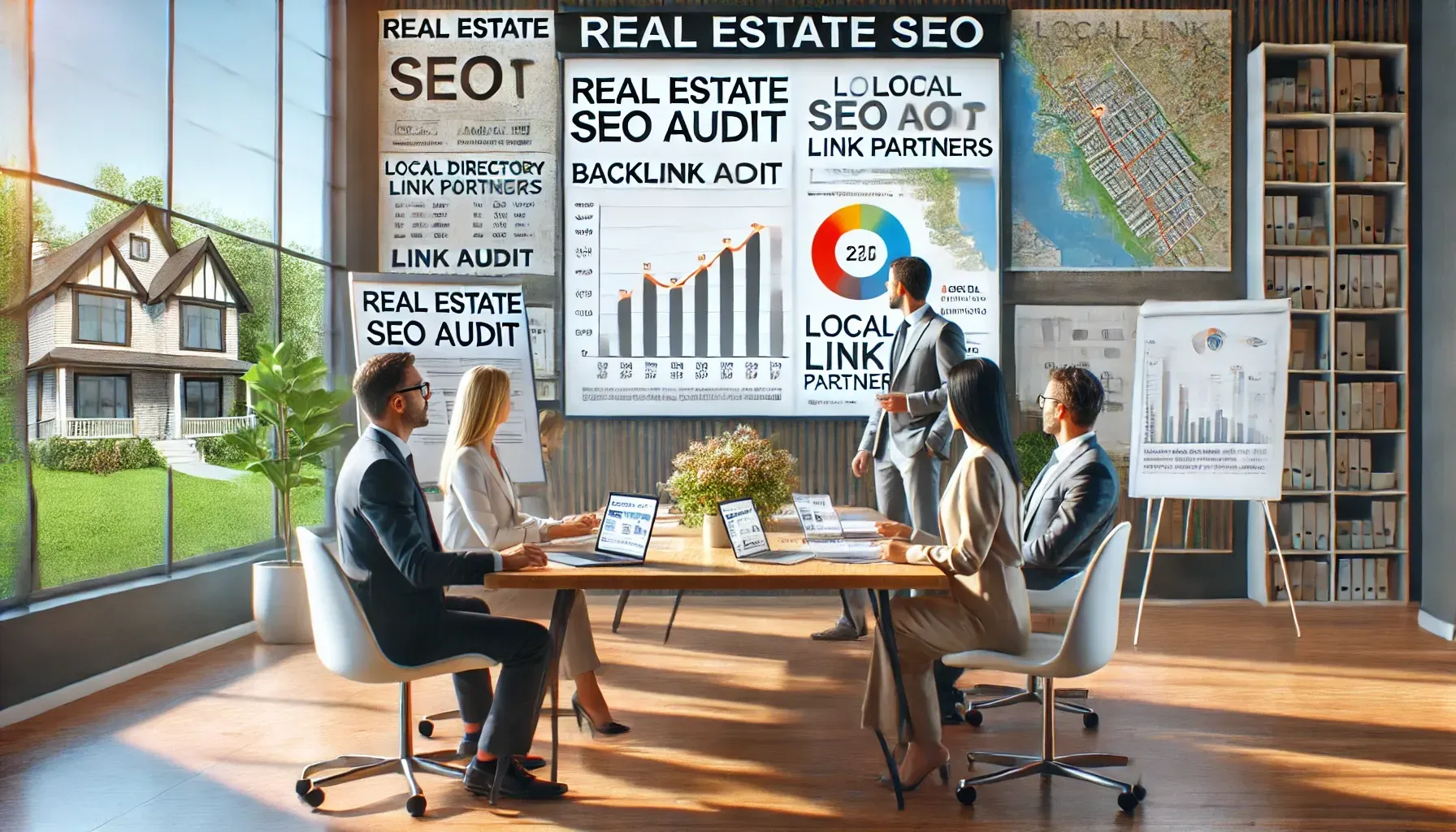 A digital marketing team collaborates in a bright office, analyzing backlink reports and SEO progress for a real estate agent. A large screen shows local directory listings and rising website traffic, while printouts labeled 'Real Estate SEO Audit' and 'Local Link Partners' are spread across the desk. The setting highlights the strategic role of link building in real estate SEO success.