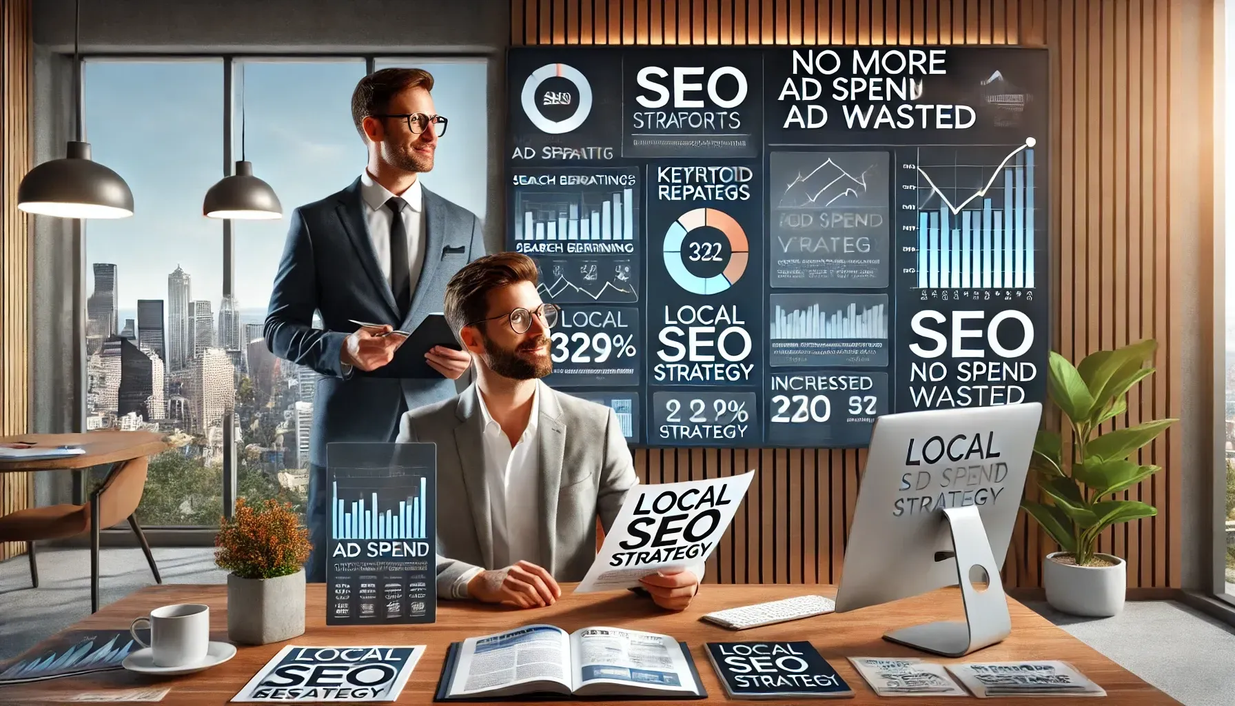 A real estate agent reviews SEO analytics with a digital marketing expert in a modern office. A large screen shows rising organic traffic, search rankings, and keyword performance. The agent holds a document labeled 'Local SEO Strategy,' while the desk displays brochures, a tablet with a fast-loading real estate site, and a notepad reading 'No More Ad Spend Wasted.' The background includes a city skyline, progress milestones, and real estate branding—illustrating cost-effective growth through SEO.