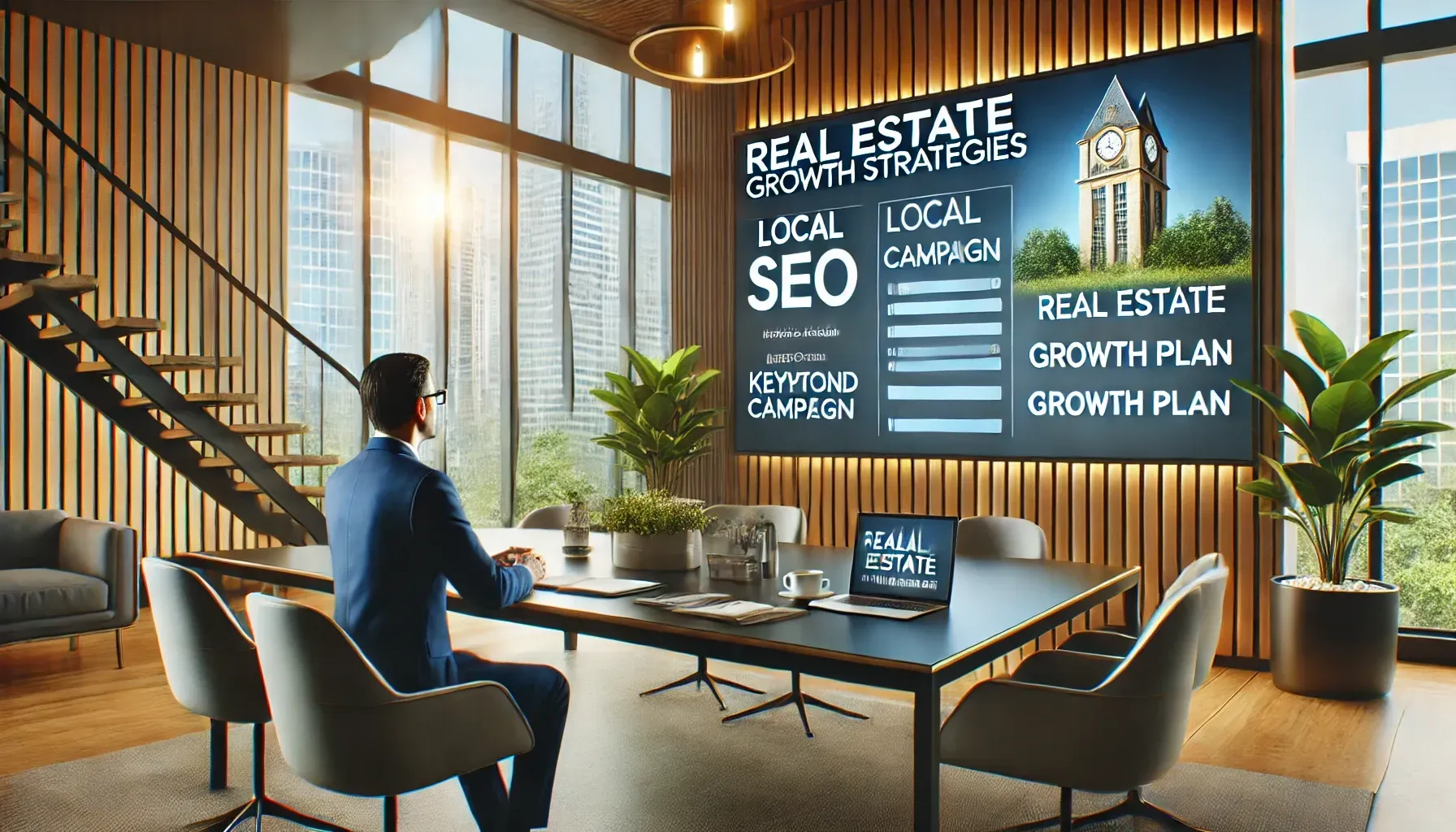 A real estate agent sits confidently at a modern desk, participating in a virtual meeting with a digital marketing team on a large screen. The screen shows SEO campaign progress, keyword rankings, and a content calendar. The desk holds real estate branding materials, a coffee cup, and a notebook labeled 'Real Estate Growth Plan.' A city skyline is visible through a large window, emphasizing strategic planning and long-term growth through digital marketing services for real estate.