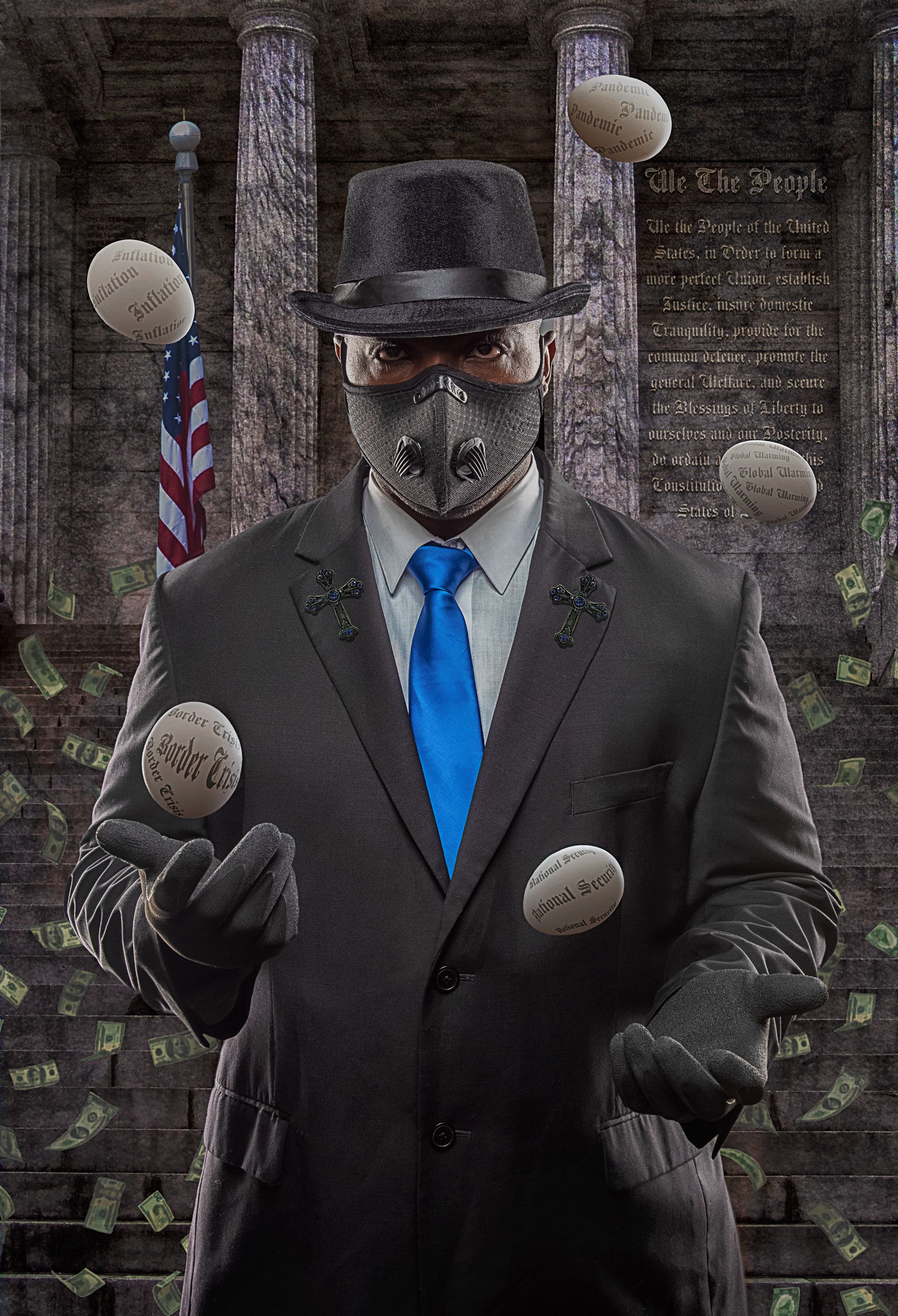 Man in suit and mask juggles eggs, with money falling. American flag and building in background.
