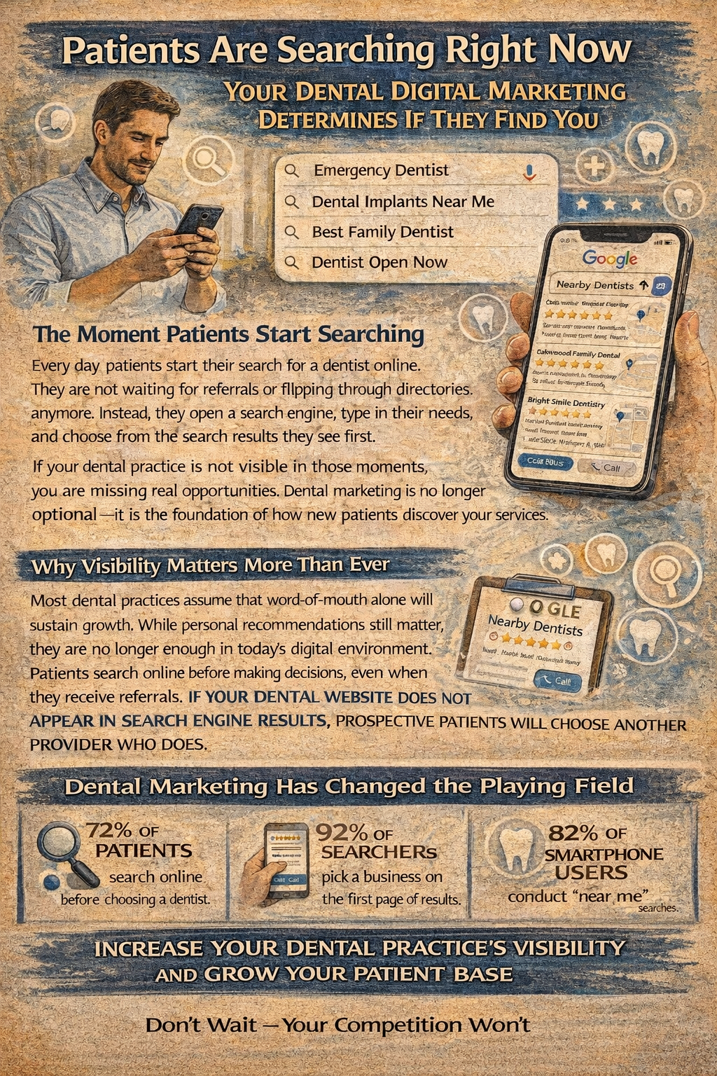 Patients Are Searching Right Now: Your Dental Digital Marketing Determines If They Find You,” showing a man using a smartphone while searching for dental services like “emergency dentist” and “dental implants near me.” A phone screen displays Google search results for nearby dentists. The graphic explains how patients search online, why visibility matters, and how dental marketing has evolved. It includes statistics about online search behavior and emphasizes the importance of SEO, local search, and digital presence to attract new patients and grow a dental practice.